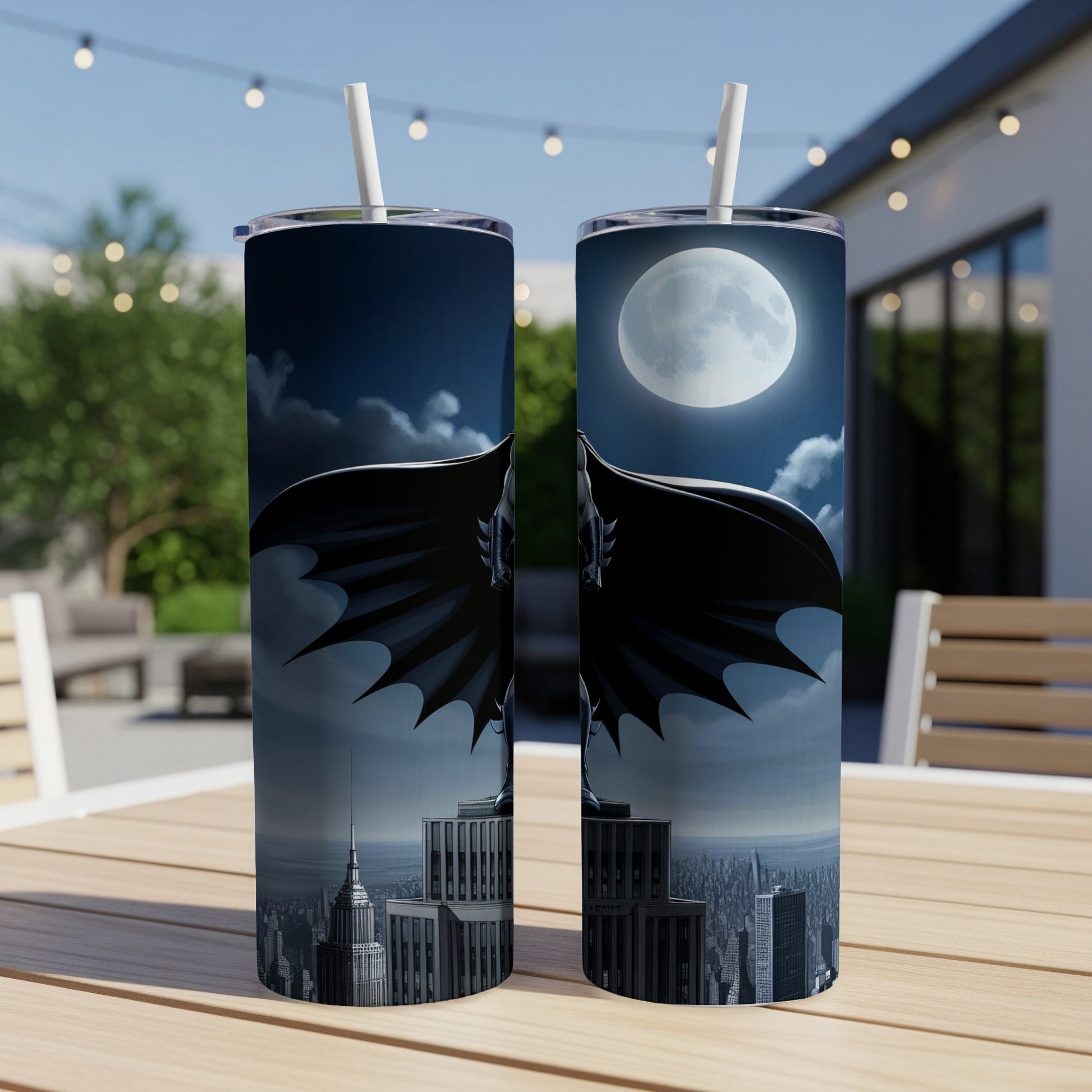 Batman tumbler with city skyline and moon.