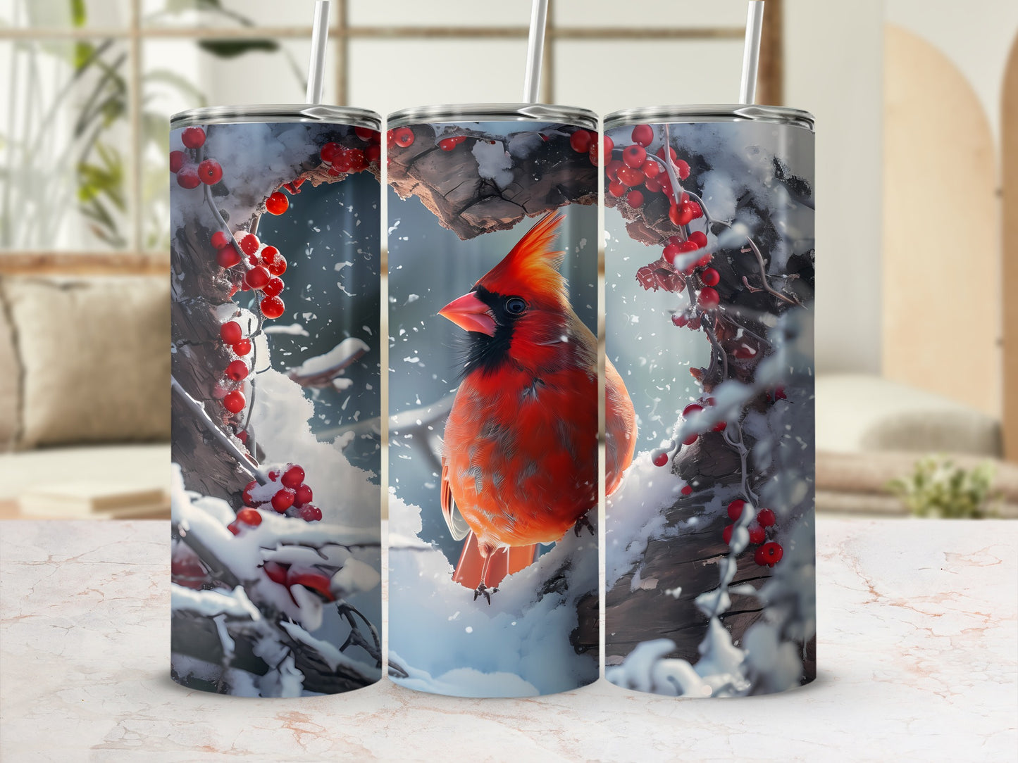 Red cardinal perched on snow-covered branch with red berries.