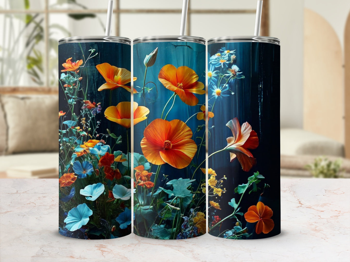 Three tumblers with a dark floral design featuring orange, blue, and yellow flowers.