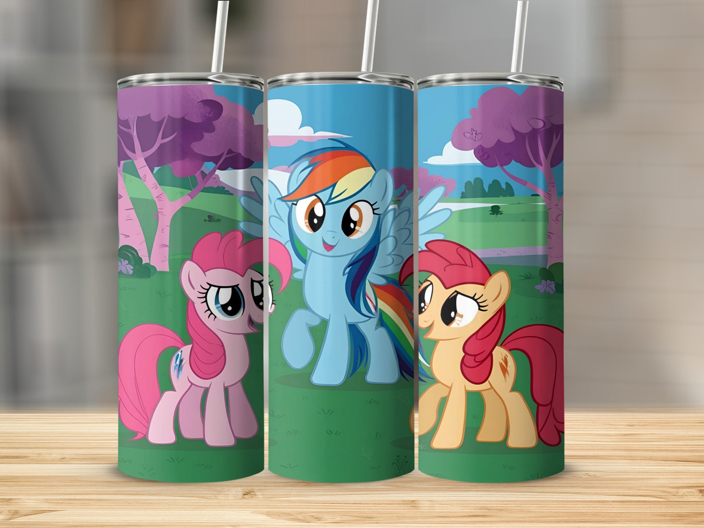 Three My Little Pony characters, Pinkie Pie, Rainbow Dash, and Apple Bloom, on tumblers.