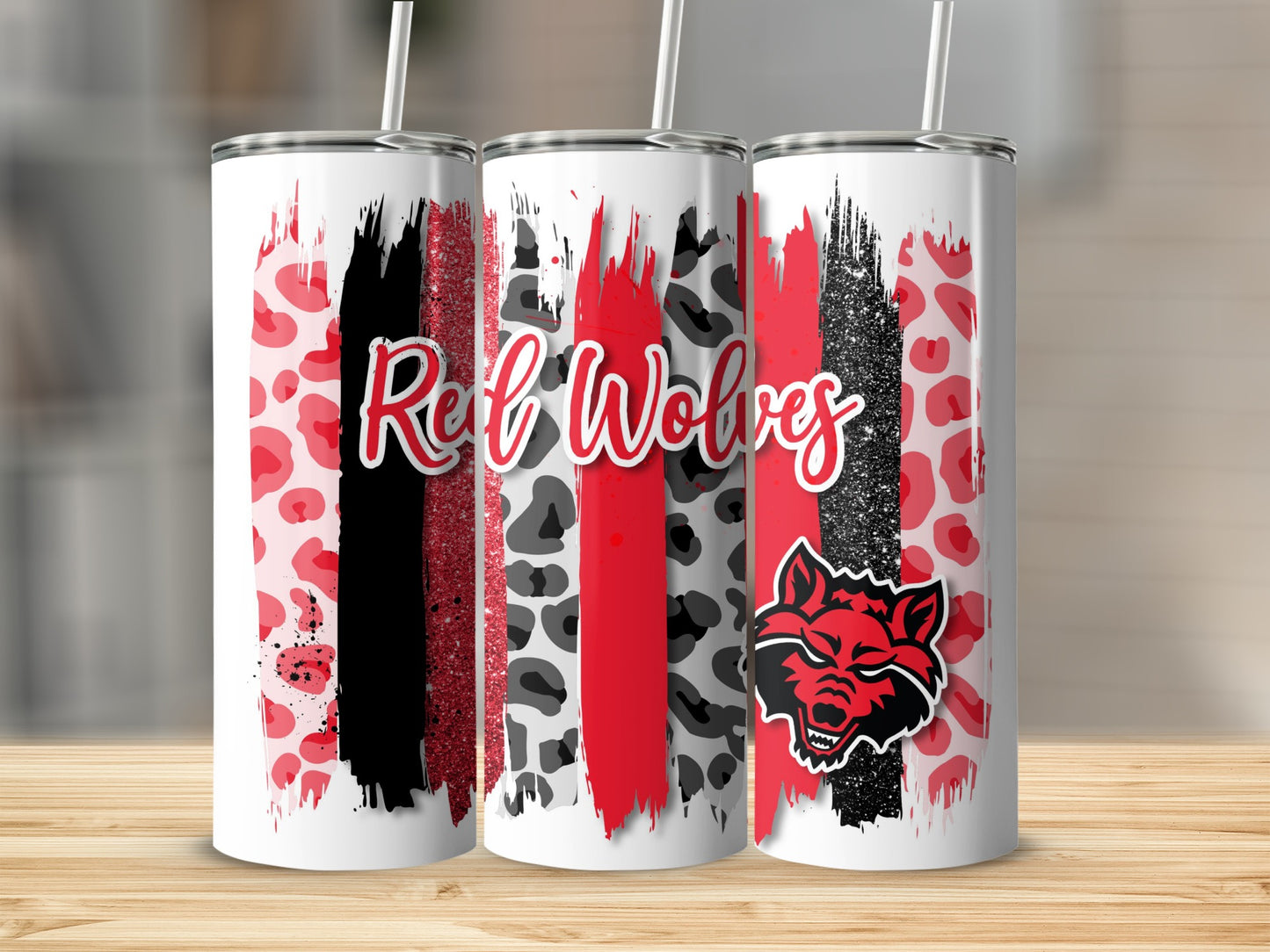 Red Wolves Brush Strokes Leopard Glitter Design Tumblers