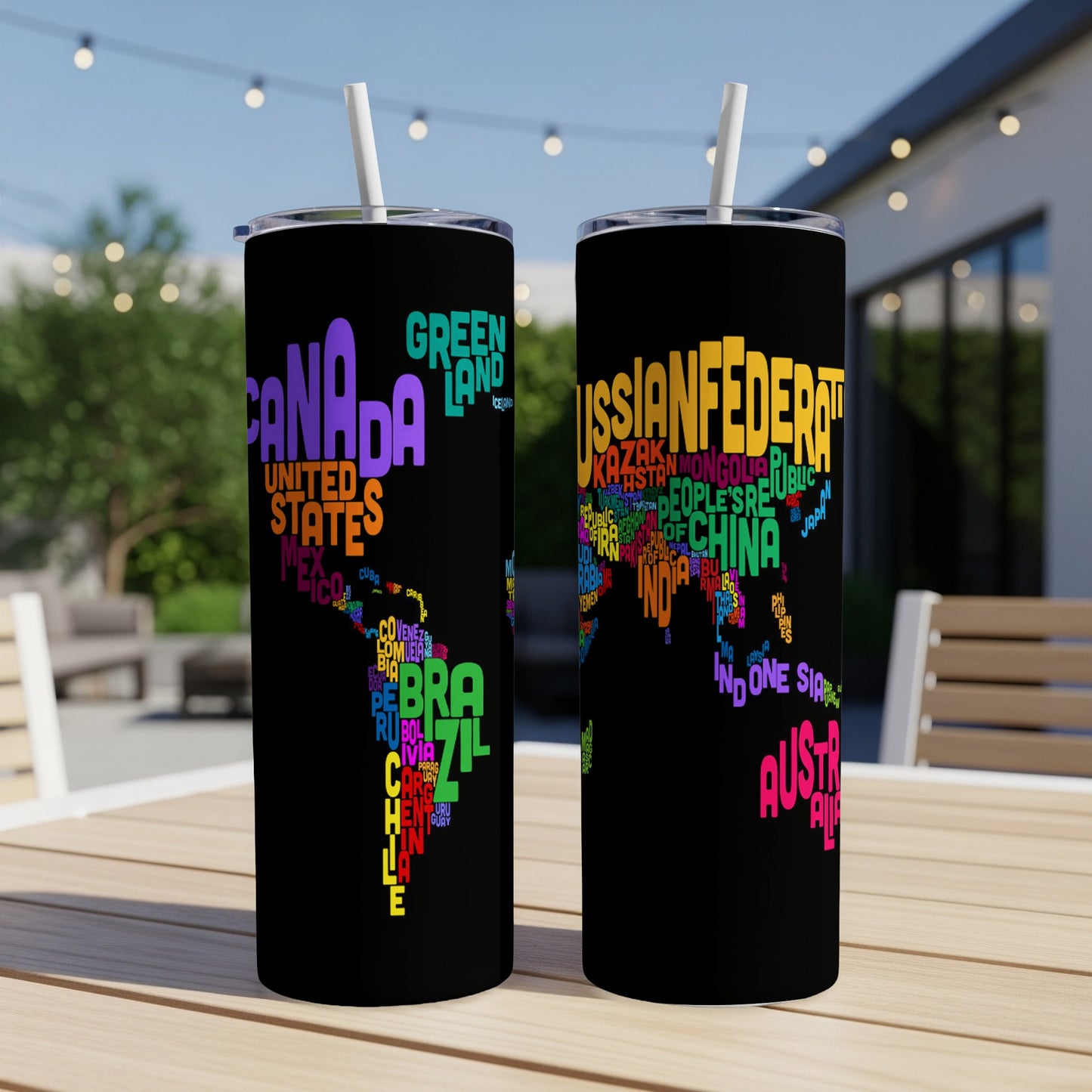 Two black tumblers with a world map made of colorful country names.