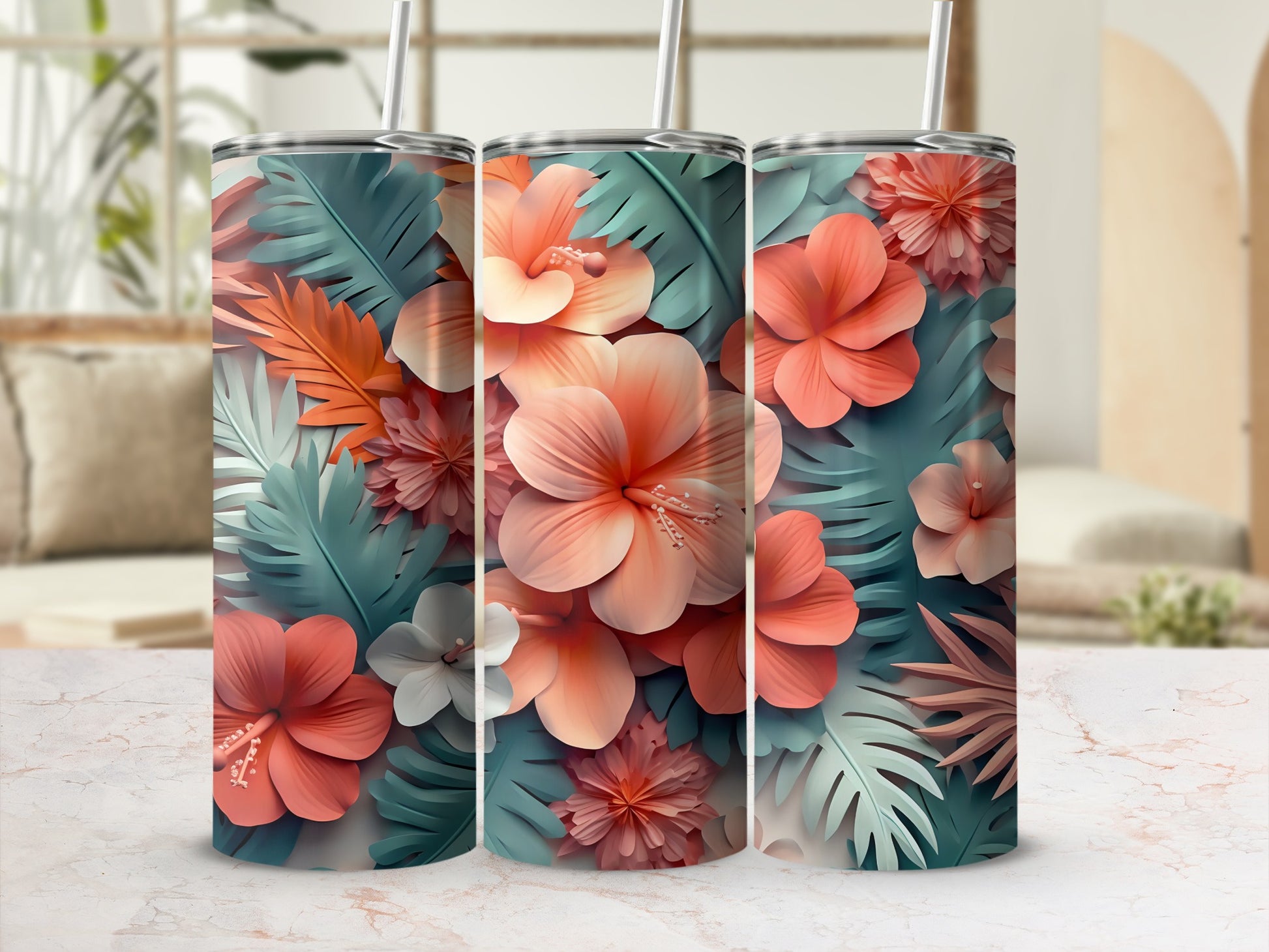 Tropical Floral Pattern Insulated Tumbler Flask