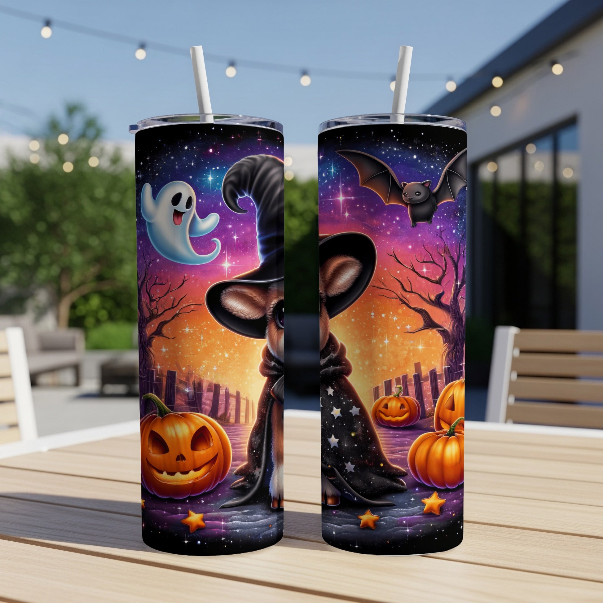 Dog in witch hat with stars, pumpkins, ghost, and bat on tumbler.