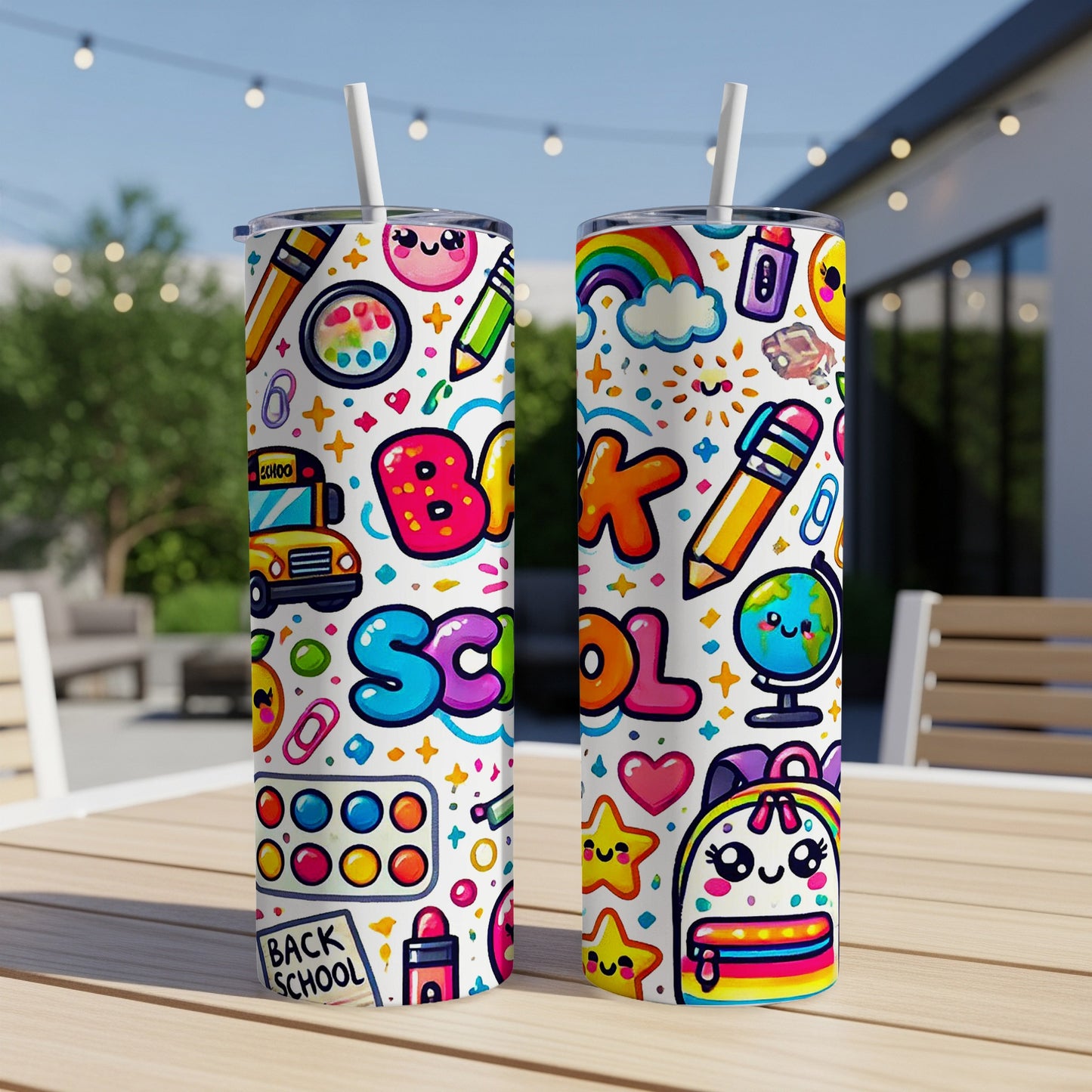 Two tumblers with a repeating pattern of cute school supplies, rainbow, and "Back School" text.