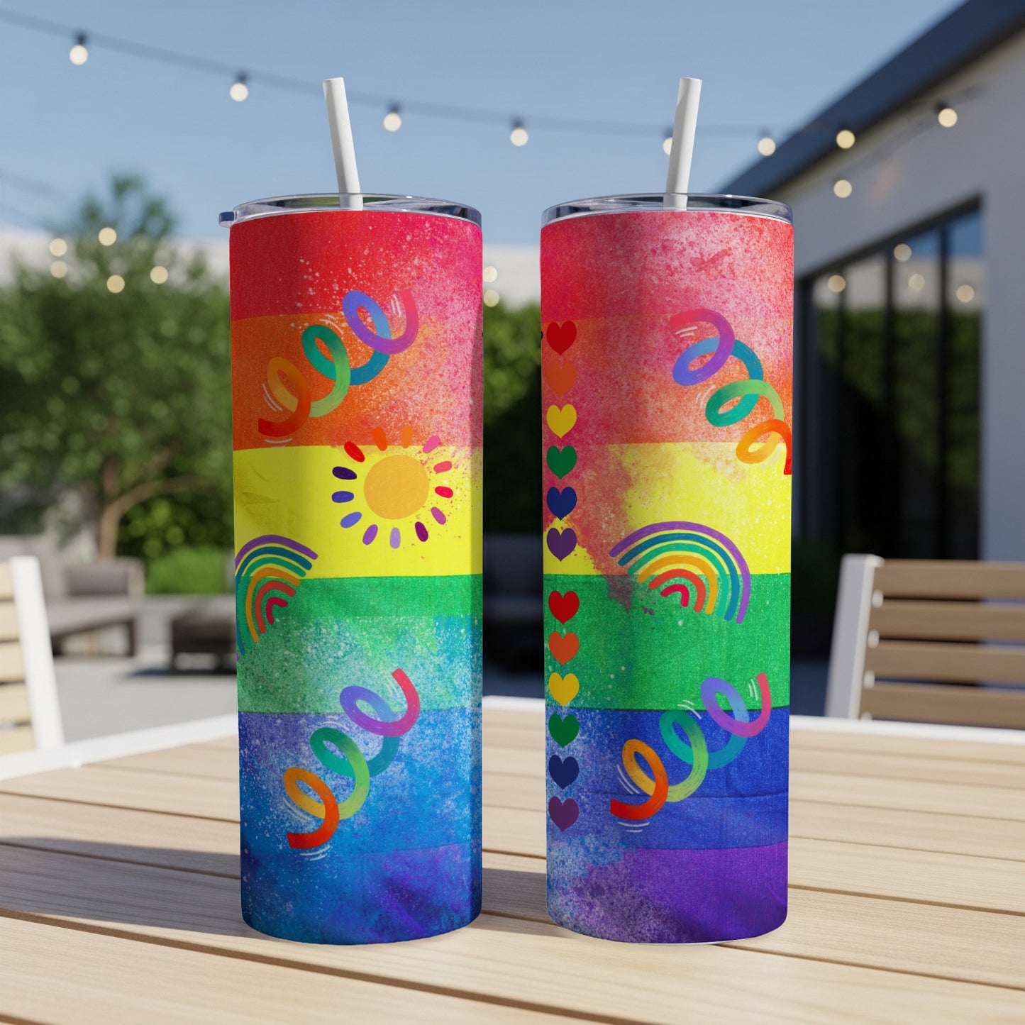 Rainbow pride tumbler with sun and hearts design.