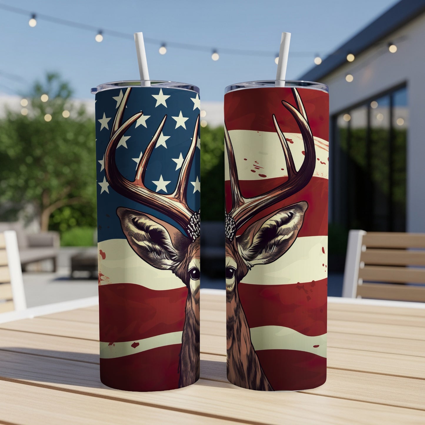 Deer with antlers on American flag pattern tumbler cups.