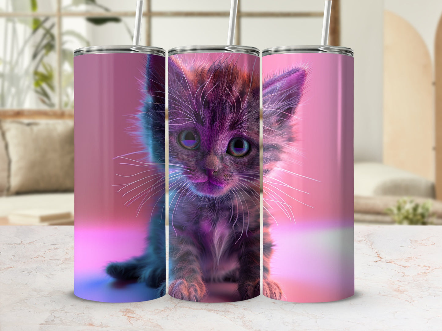Tinyl kitten with purple and pink lighting on a tumbler.