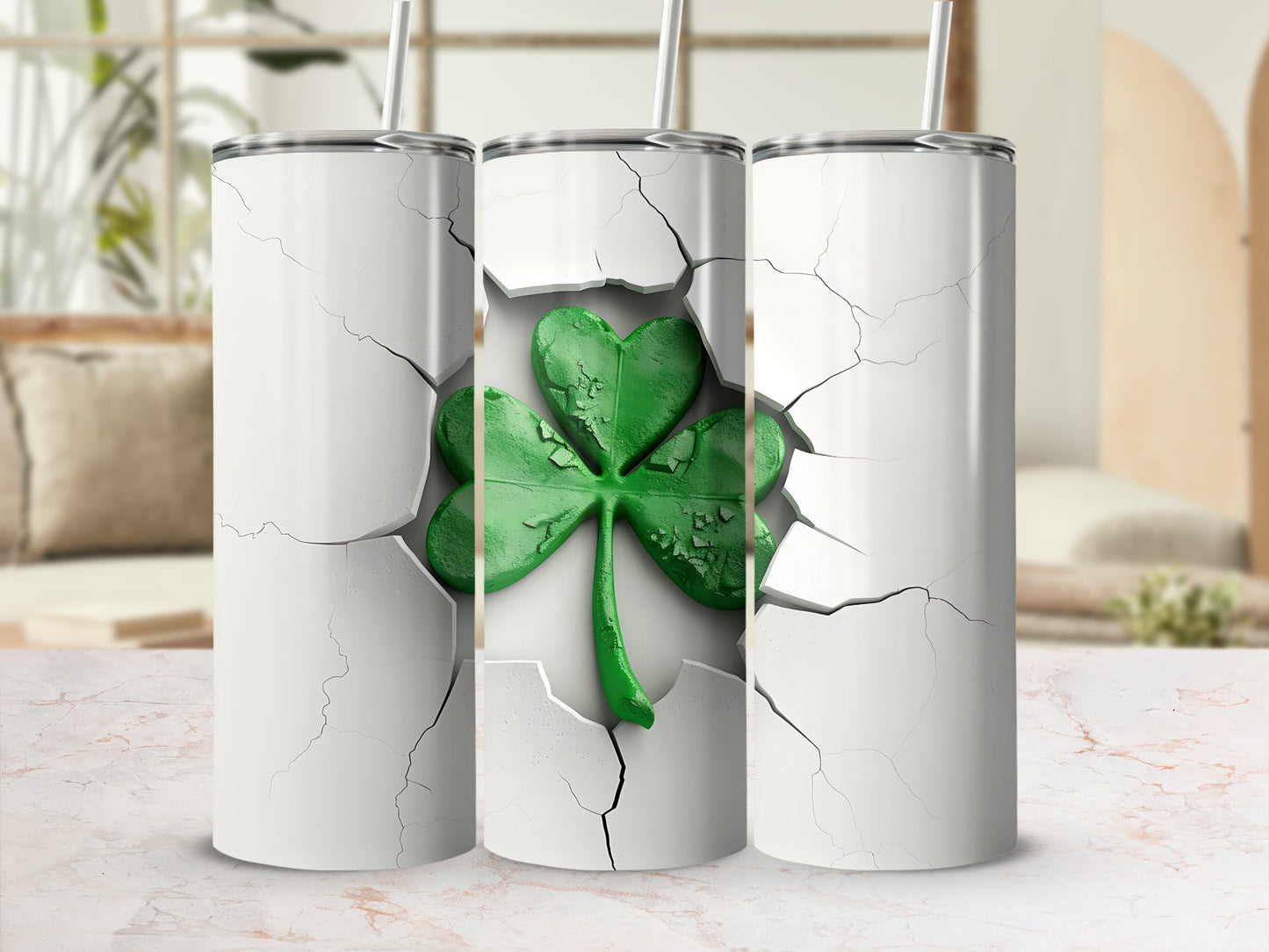 Three white tumblers with cracked effect, featuring a green shamrock.