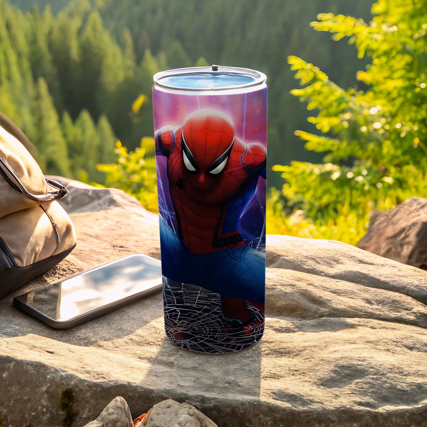 Vibrant Superhero Tumbler with Forest Background Design