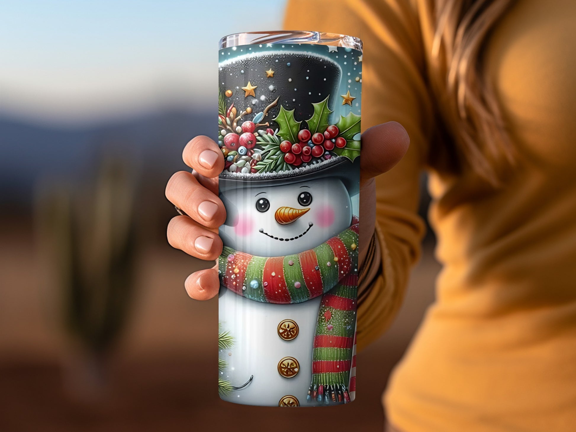 Festive Snowman Tumbler with Christmas Decorations