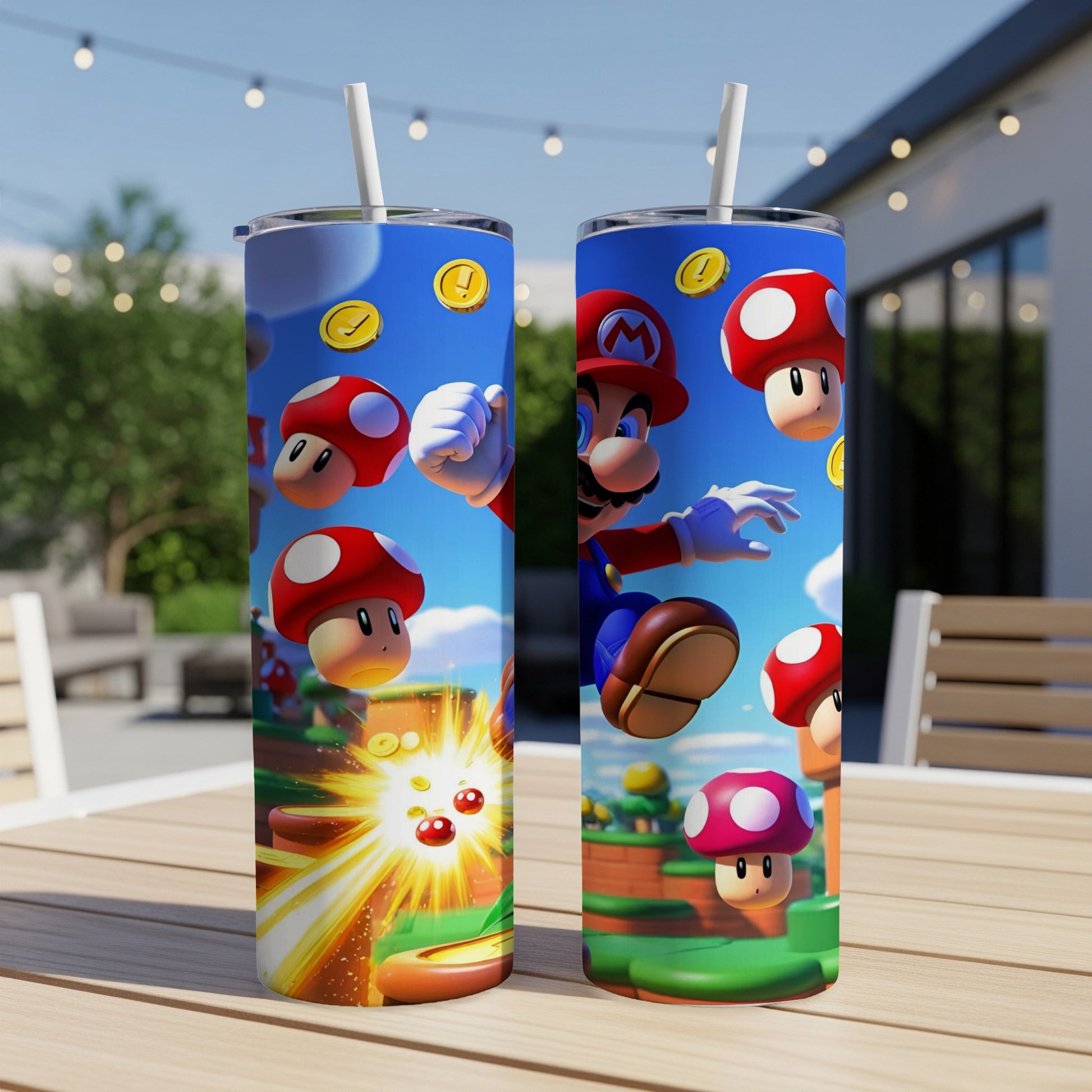 Mario and mushrooms from Super Mario video game on two tumblers.