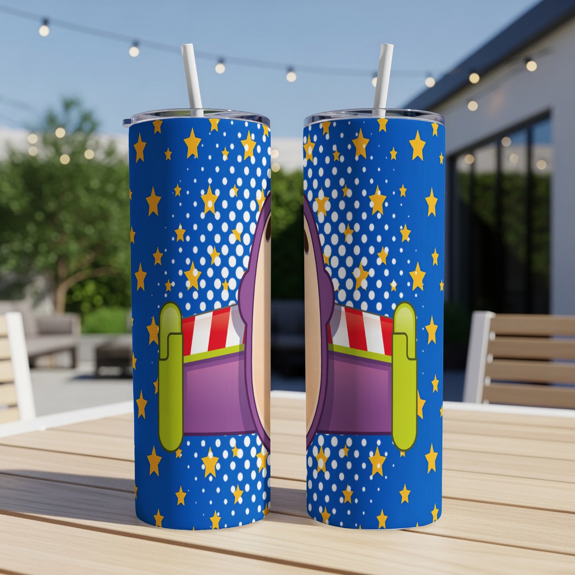 Buzz Lightyear tumbler with stars and dots on blue background.