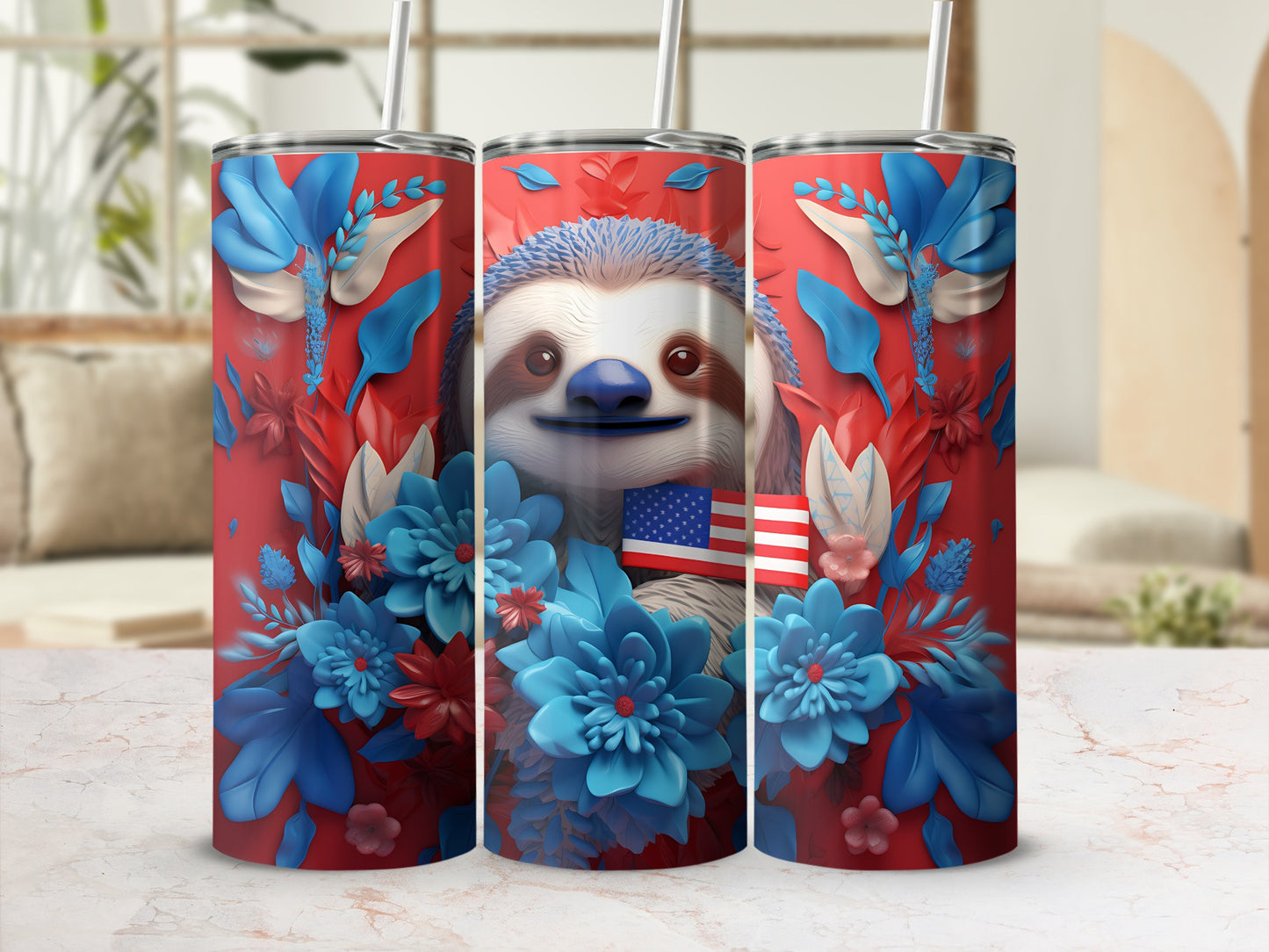 Sloth with flowers and American flag on a red tumbler.