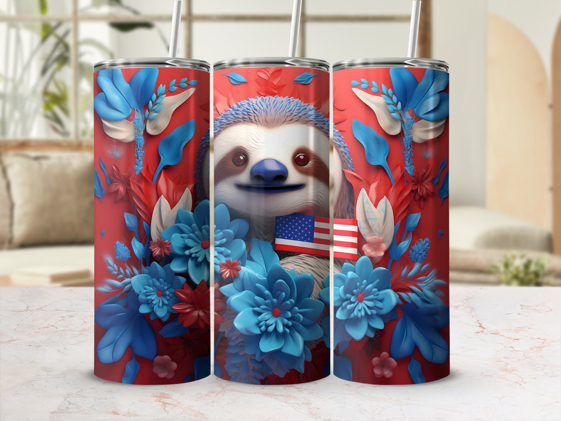 Sloth with flowers and American flag on a red tumbler.