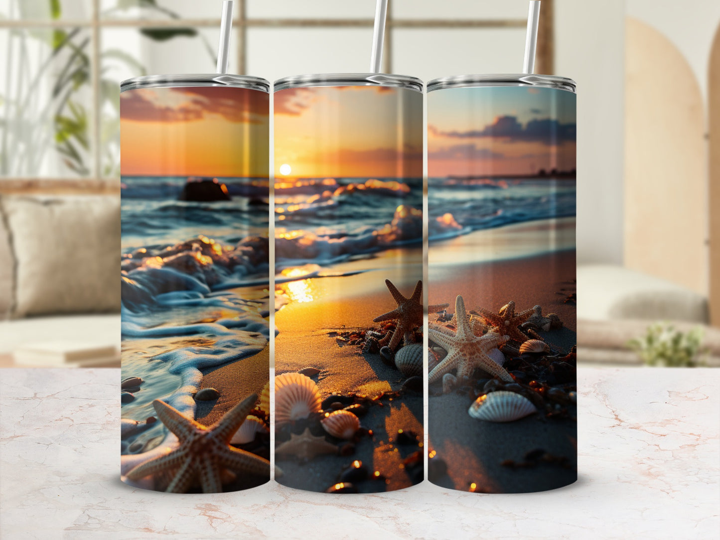 Sunset Beach Scene with Seashells Tumbler