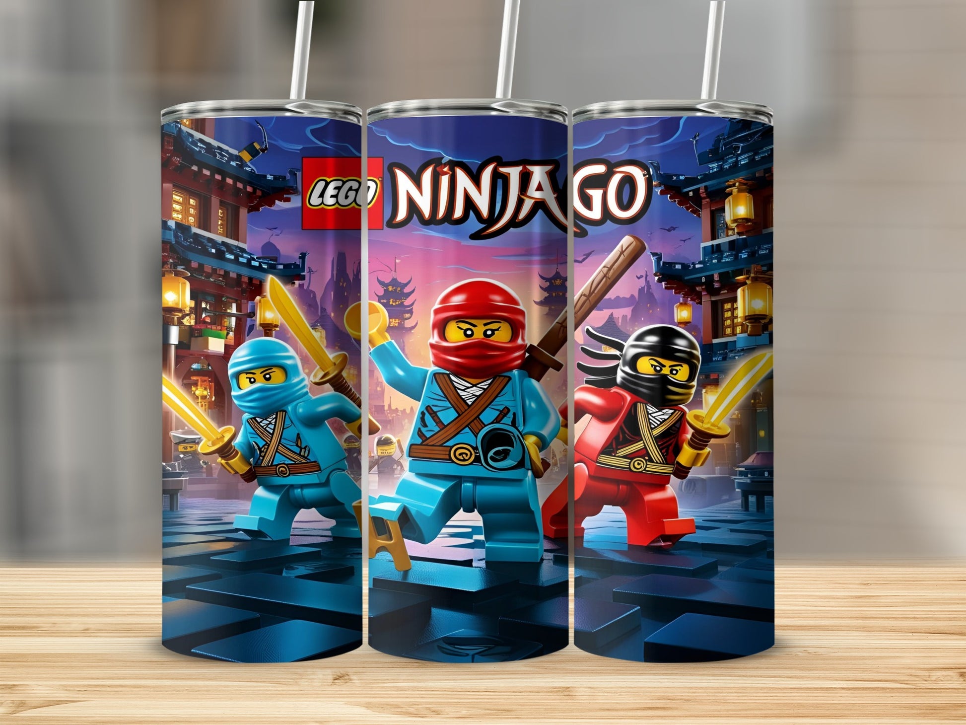 Ninjago characters Kai, Jay, and Zane with swords and red, blue, and black outfits.