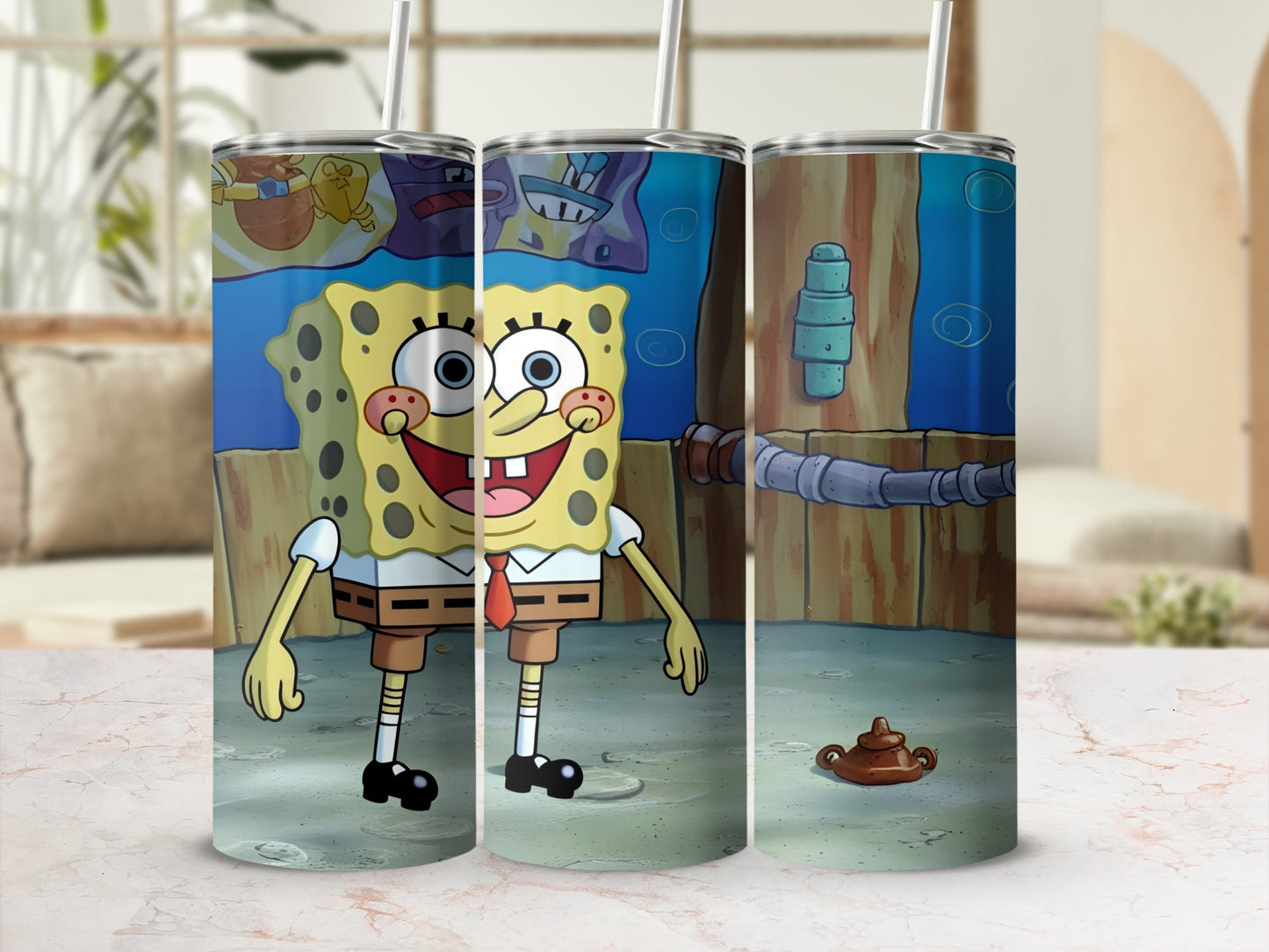 SpongeBob SquarePants character in Bikini Bottom setting on tumbler.