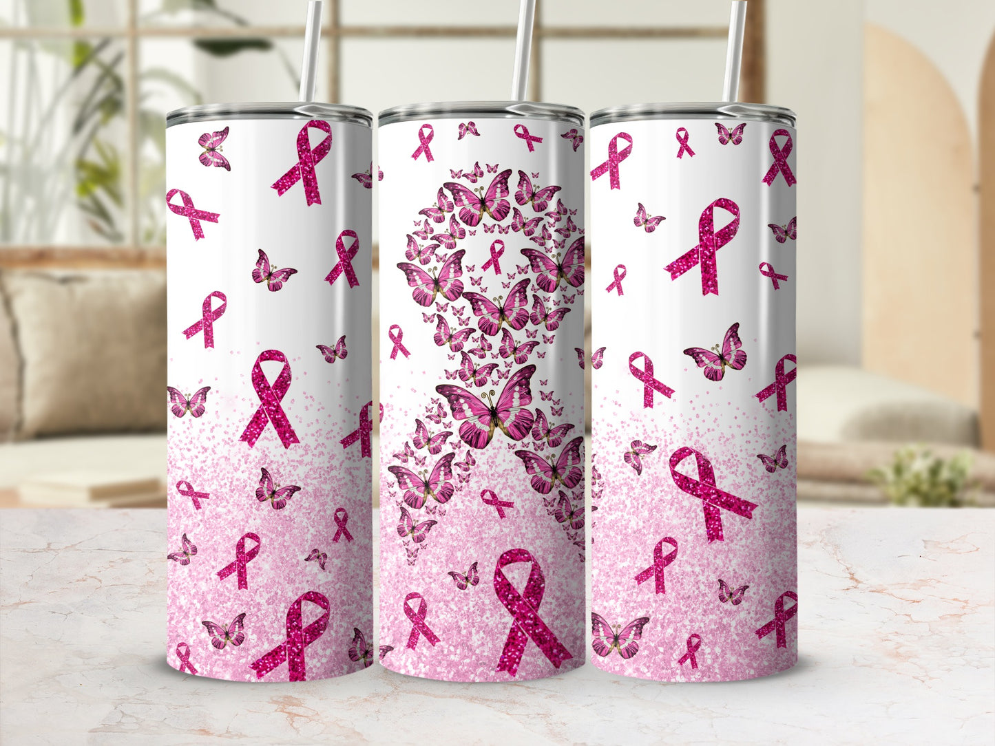 Tumbler with pink ribbons and butterflies, breast cancer awareness design.