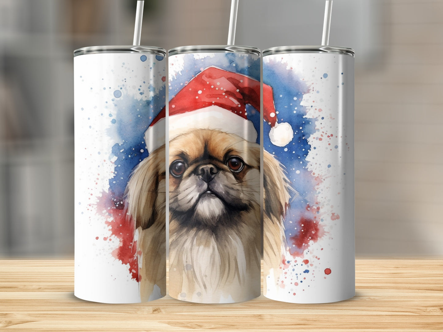 Watercolor Pekingese dog wearing a Santa hat on a festive background.