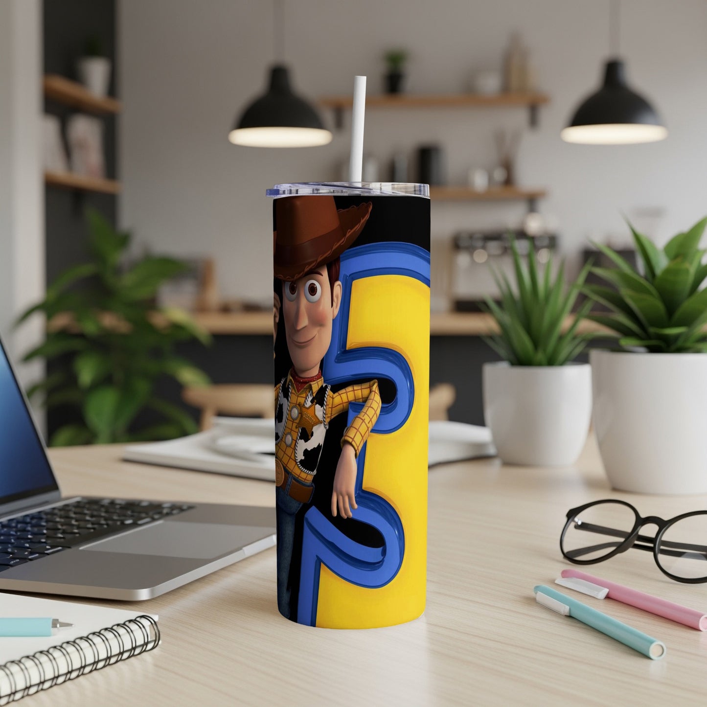 Woody from Toy Story on a yellow tumbler with a blue outline.