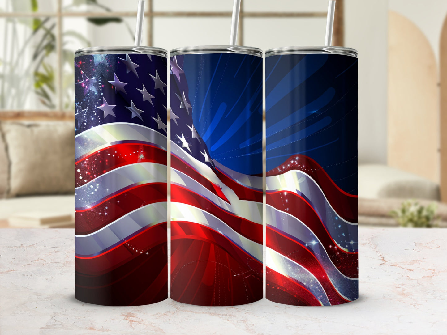 Three patriotic tumblers with American flag designs and stars.