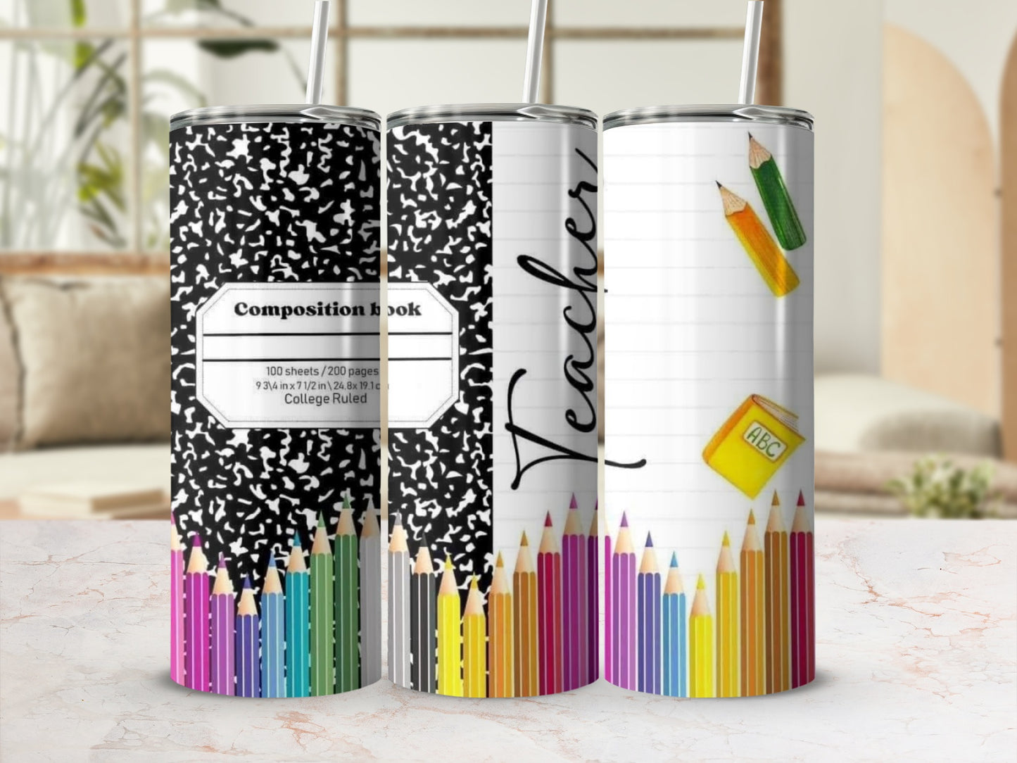 Composition Book Teacher Pencils Design on Tumblers