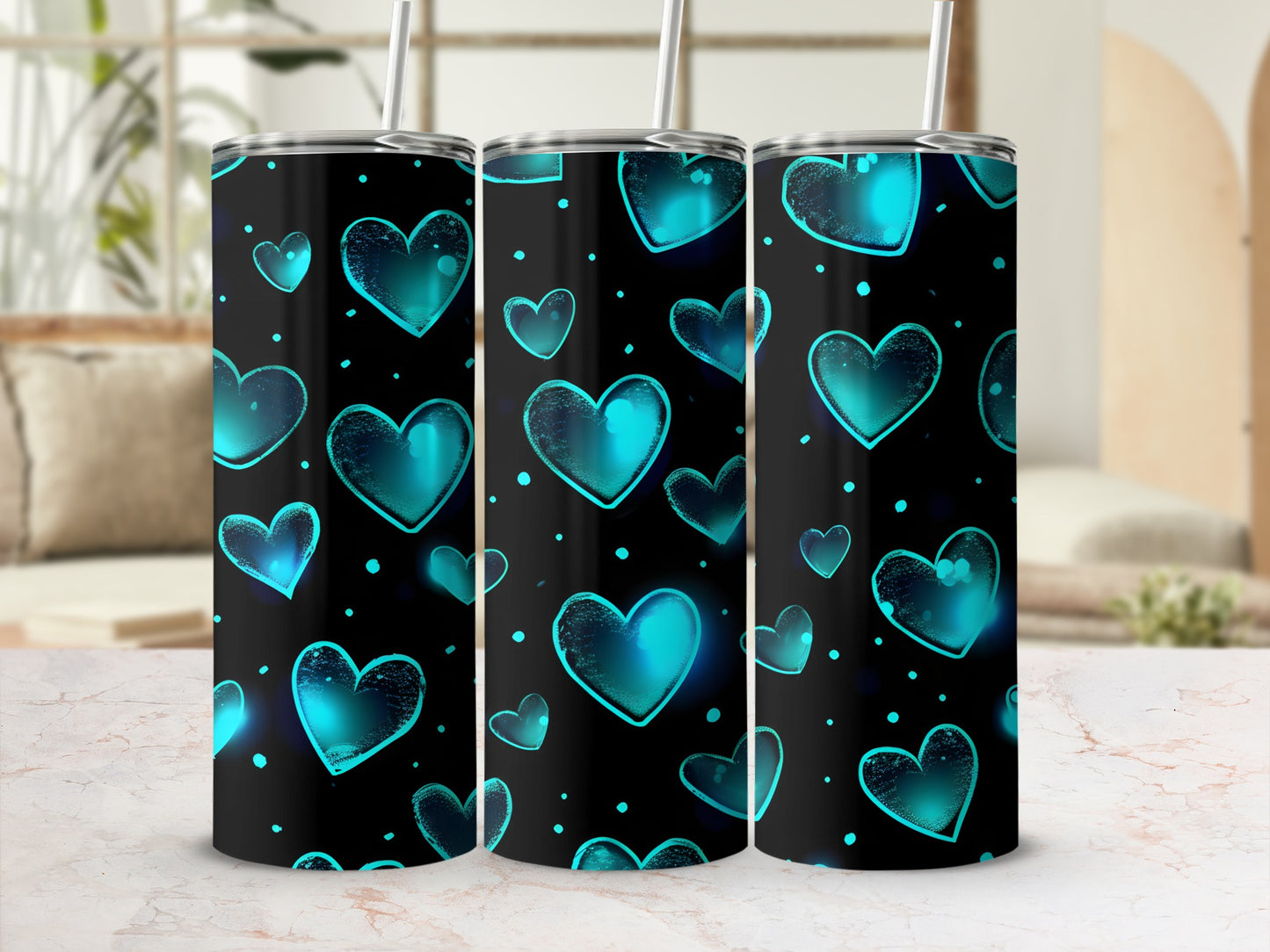 Black Background Teal Hearts Glowing Bubbles Pattern product type