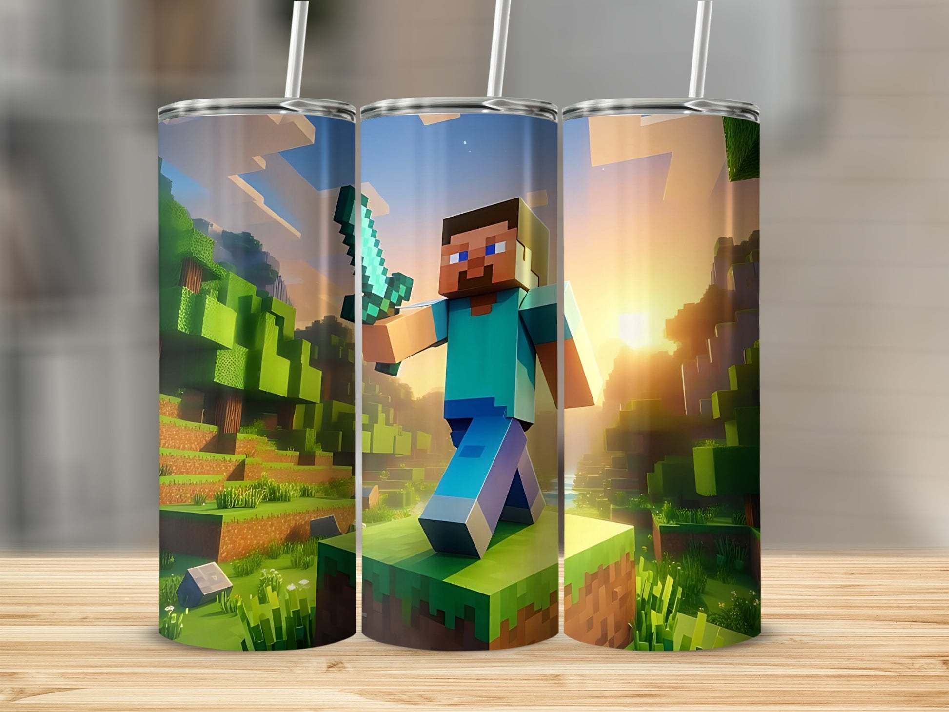 Sunrise Block World Hero Design Tumbler with Straw