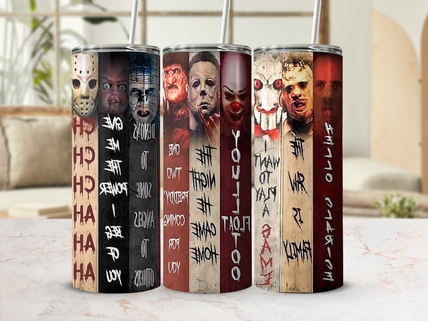 Tumblers with horror movie villains' faces on weathered wood background.