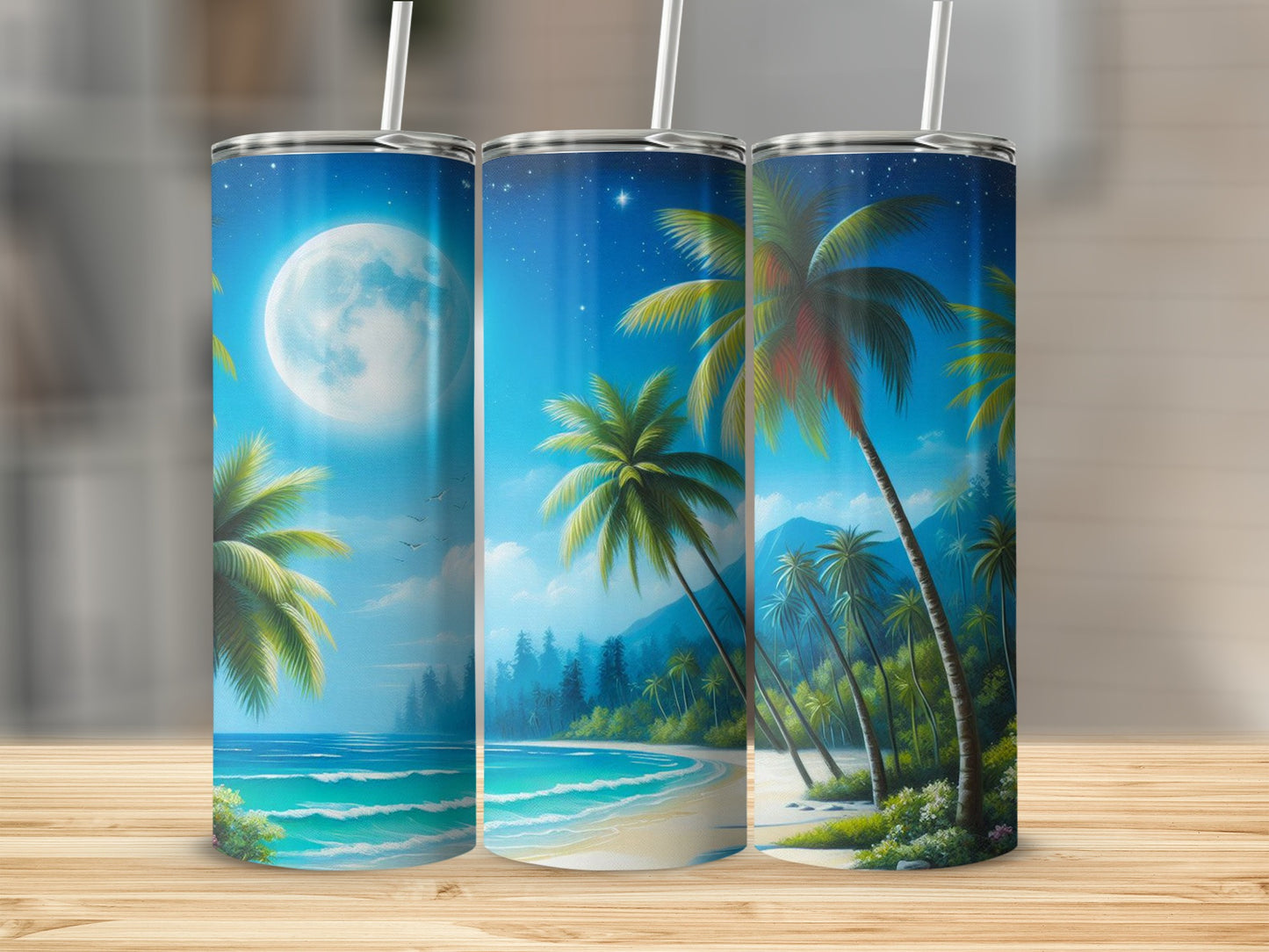 Beach scene with palm trees, ocean waves, and a full moon.