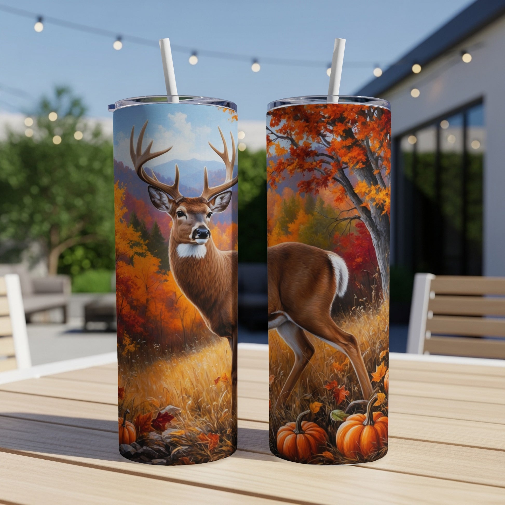 Two tumblers featuring a deer in an autumn forest scene.