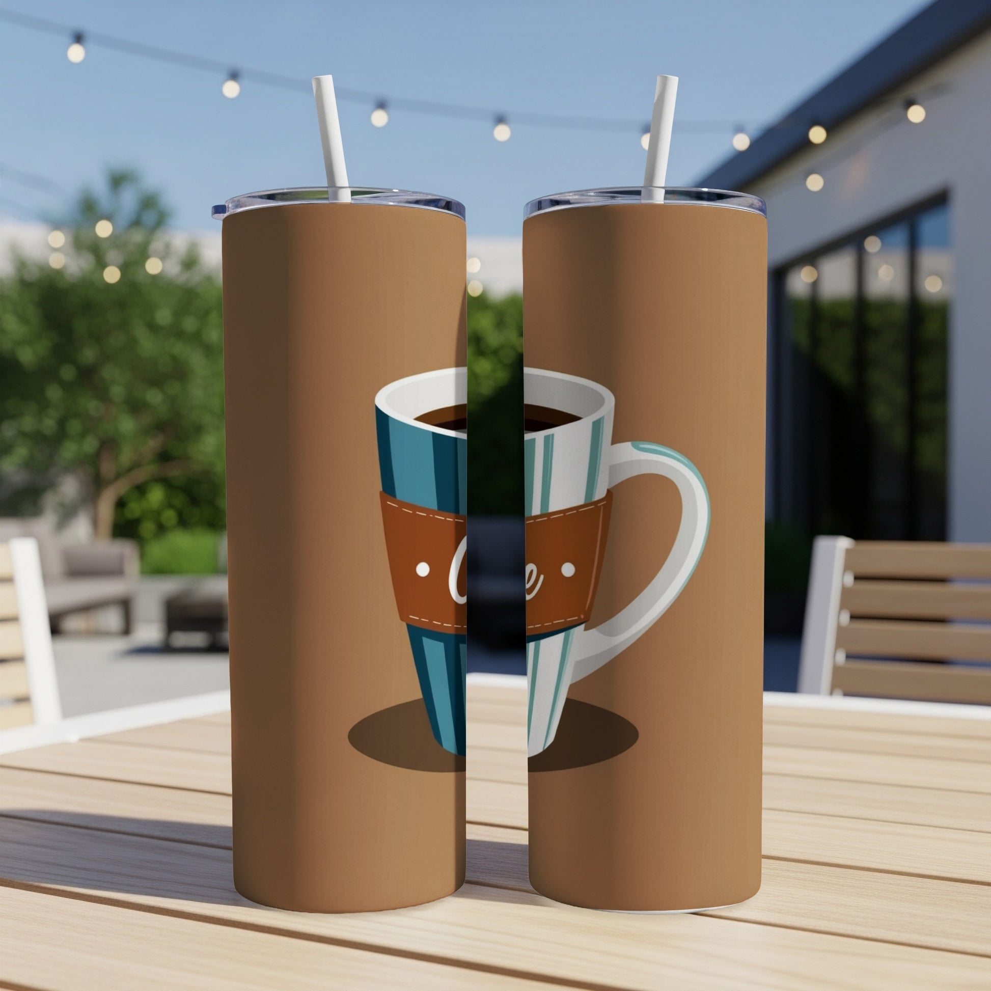 Two tall, insulated tumblers with striped coffee cup design and straw.