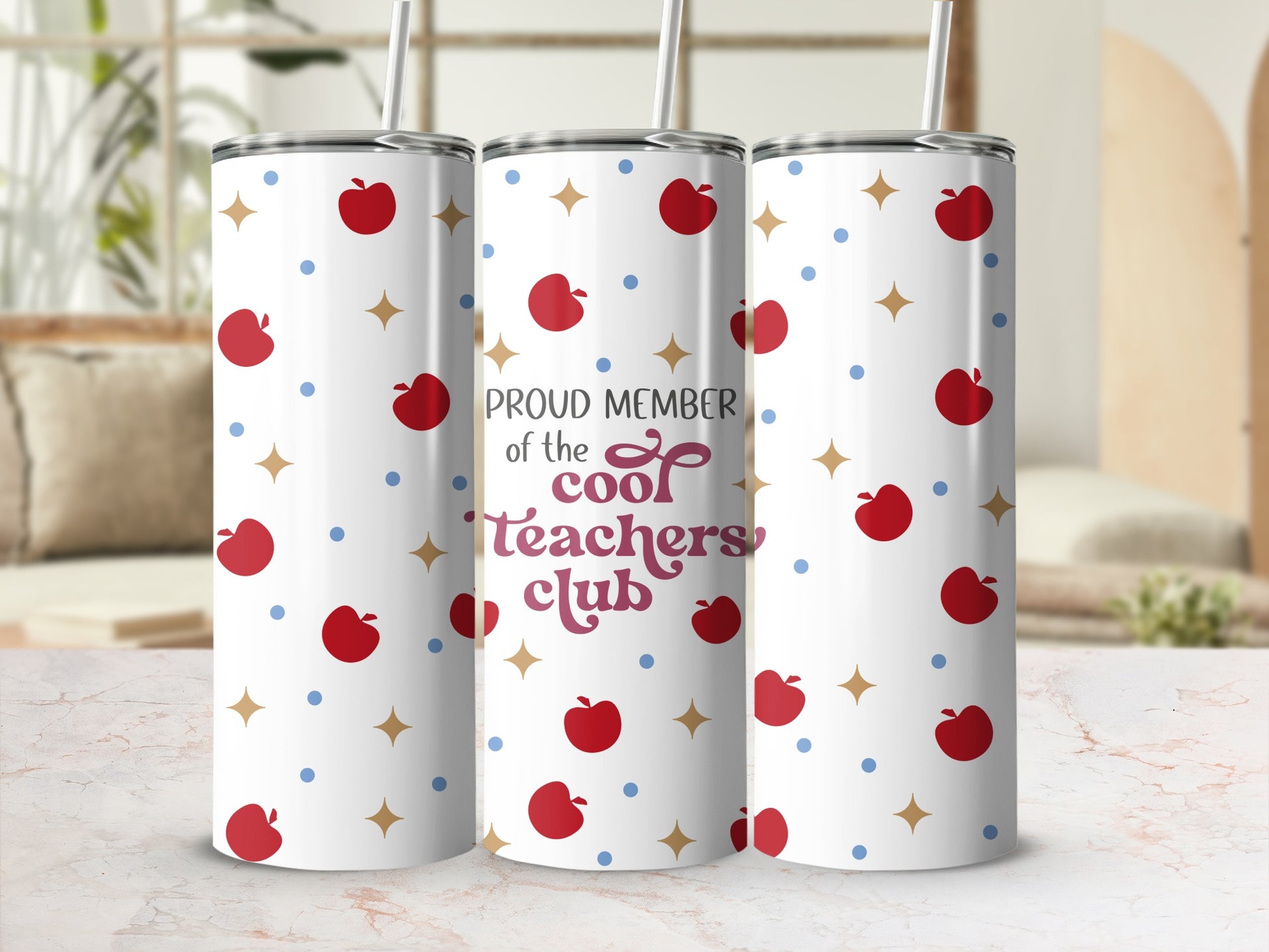 Proud member of the cool teachers club tumbler with apple and star pattern.
