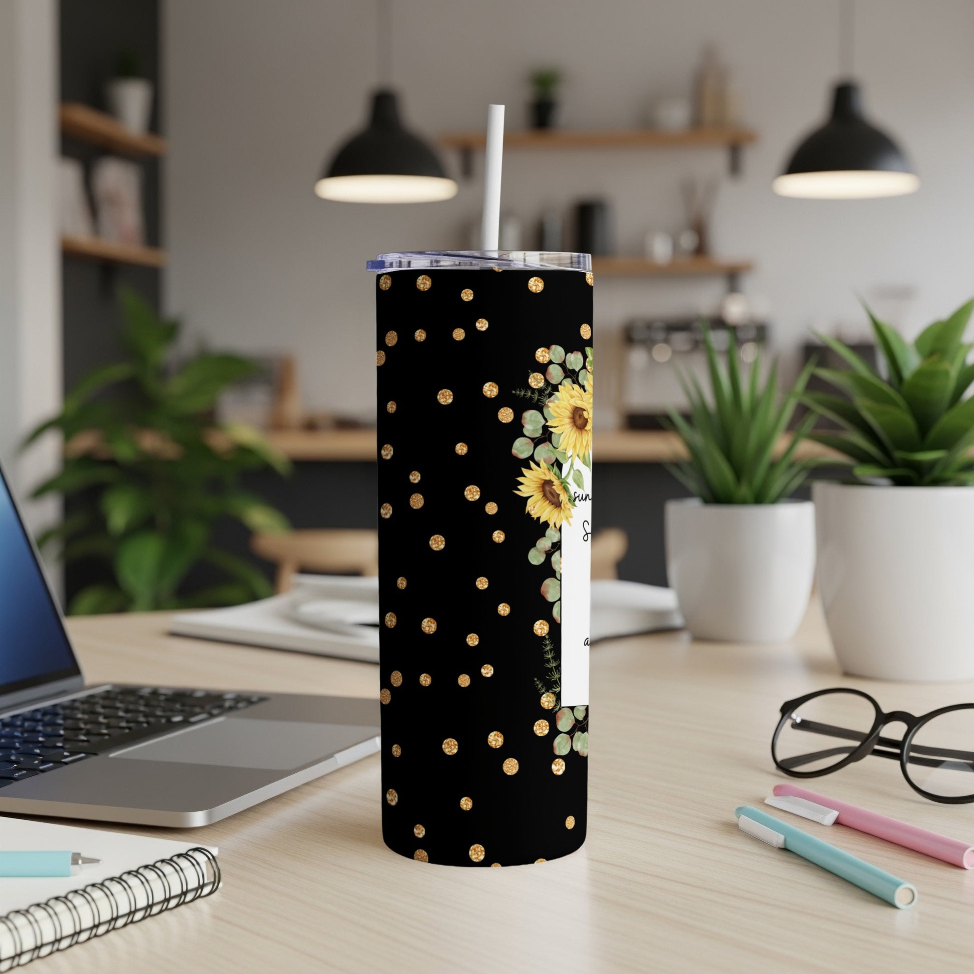 Black tumbler with gold polka dots and sunflowers, "Sunshine and Good Vibes" text.