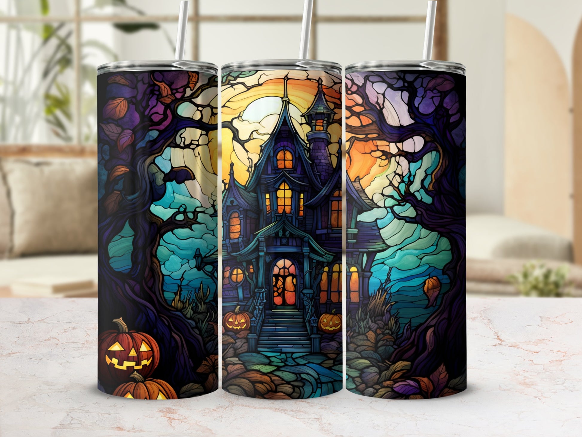 Haunted house with pumpkins and stained glass-style trees at sunset.