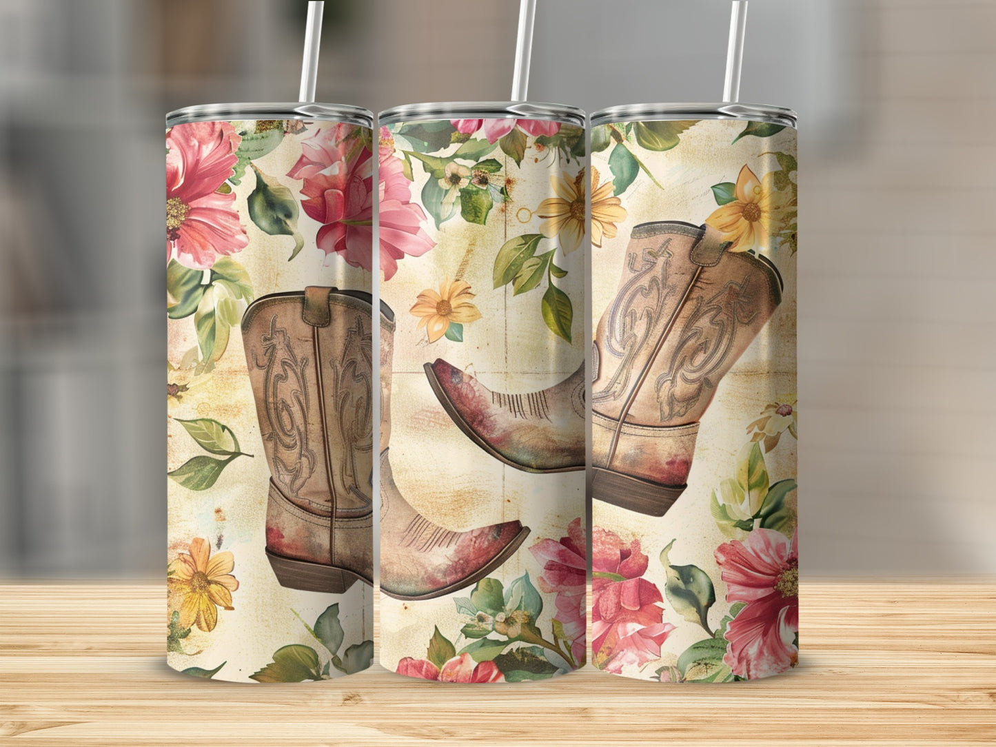 Cowboy boots with floral accents on a textured background.