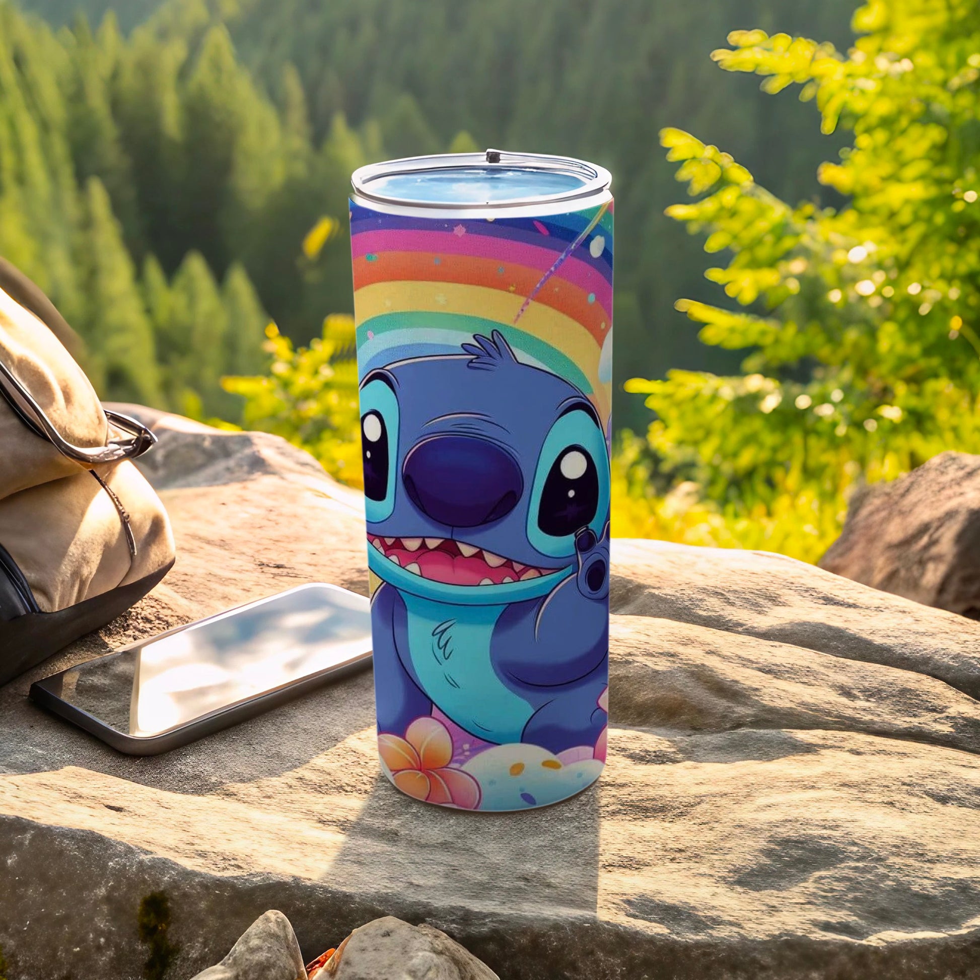 Cute Blue Cartoon Character with Rainbow Tumbler