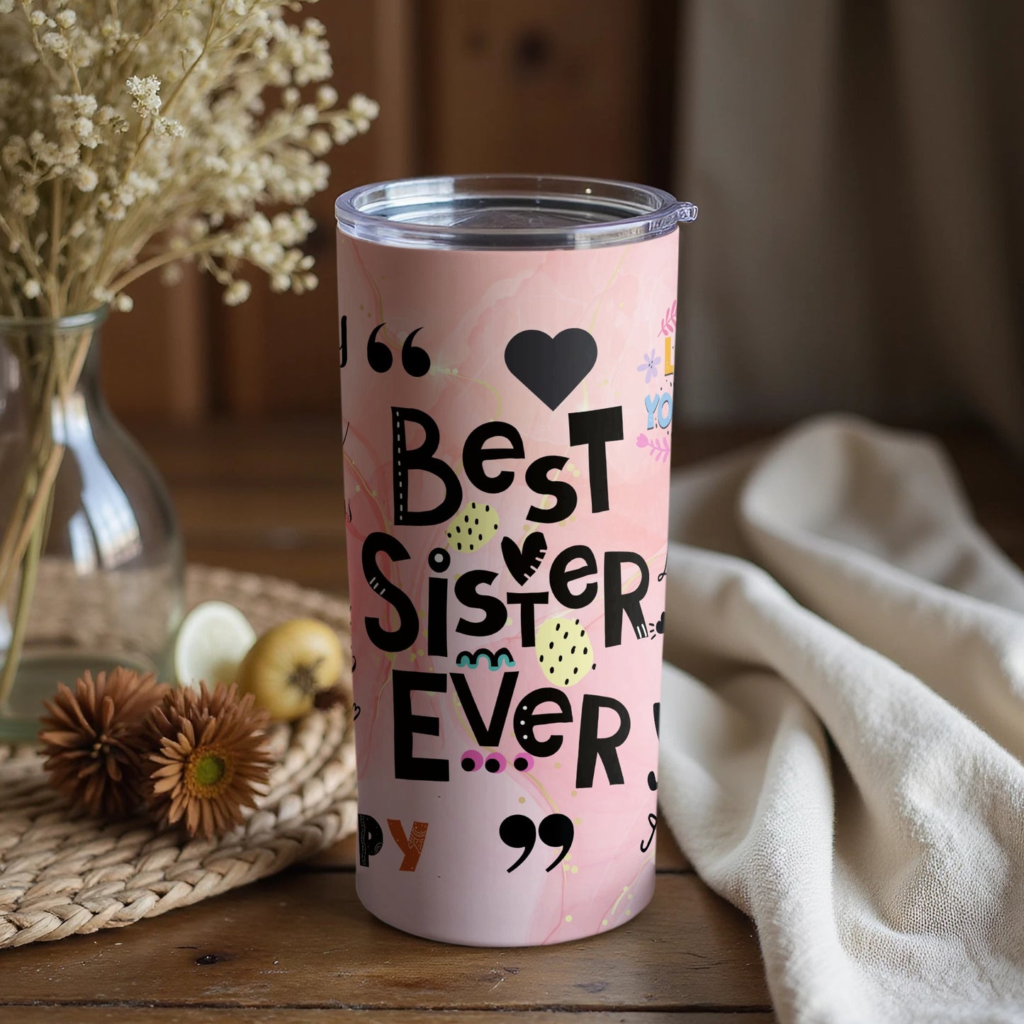Best Sister Ever Floral Tumbler with Heart Motif