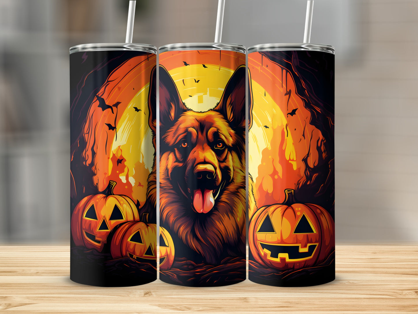 German Shepherd in front of a Halloween scene with jack-o'-lanterns and a full moon.