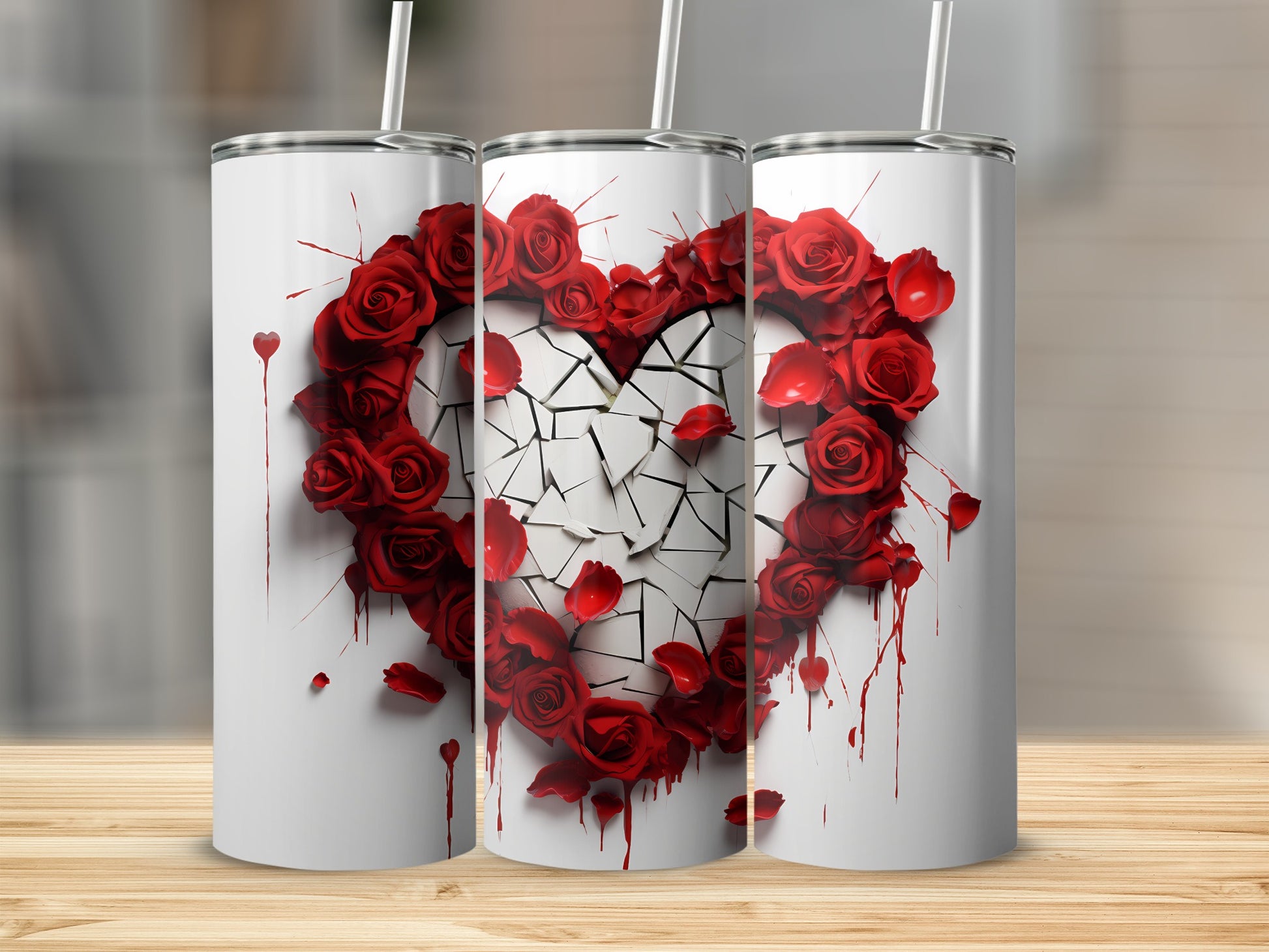 Red Rose Heart Cracked Design Insulated Tumbler