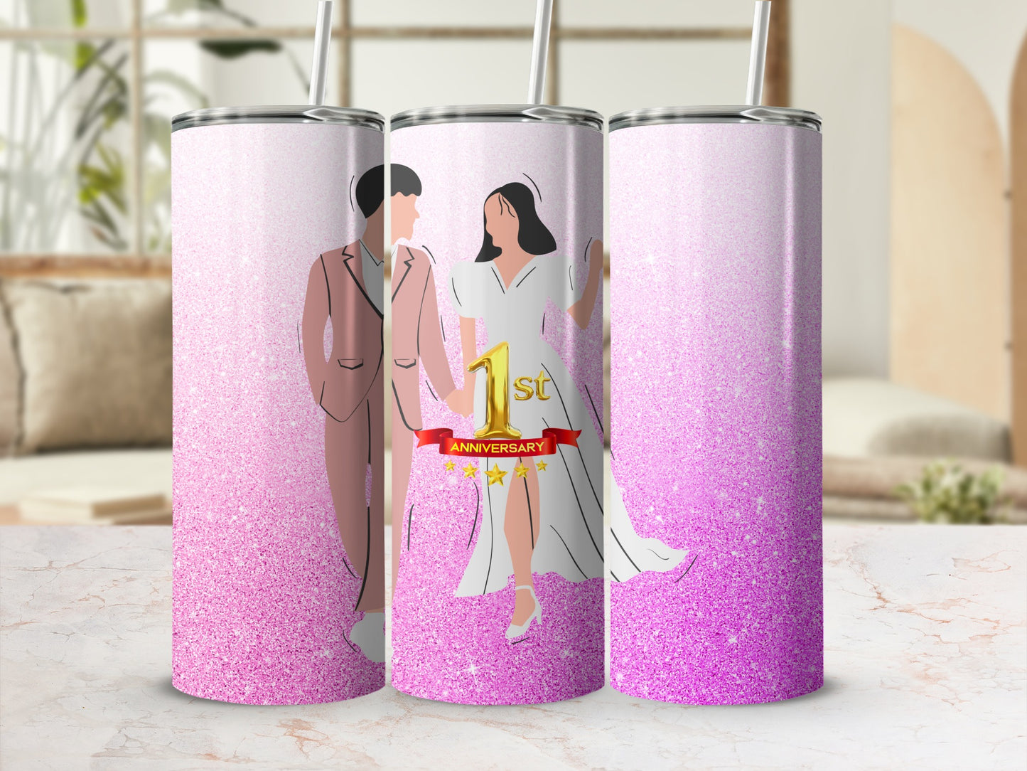 Wedding couple on pink glitter tumbler, celebrating 1st anniversary.