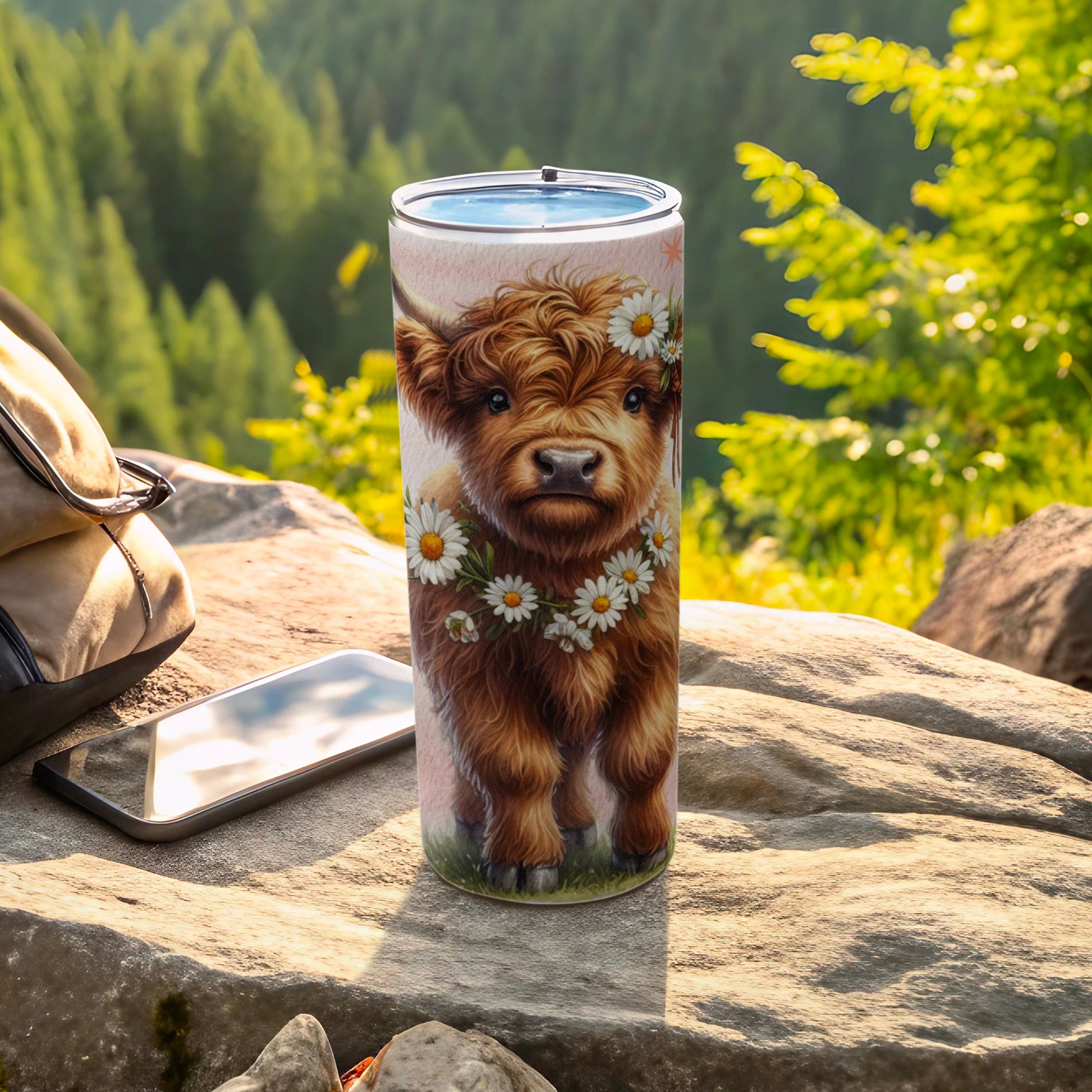 Cute Highland Cow with Daisies Insulated Tumbler Cup