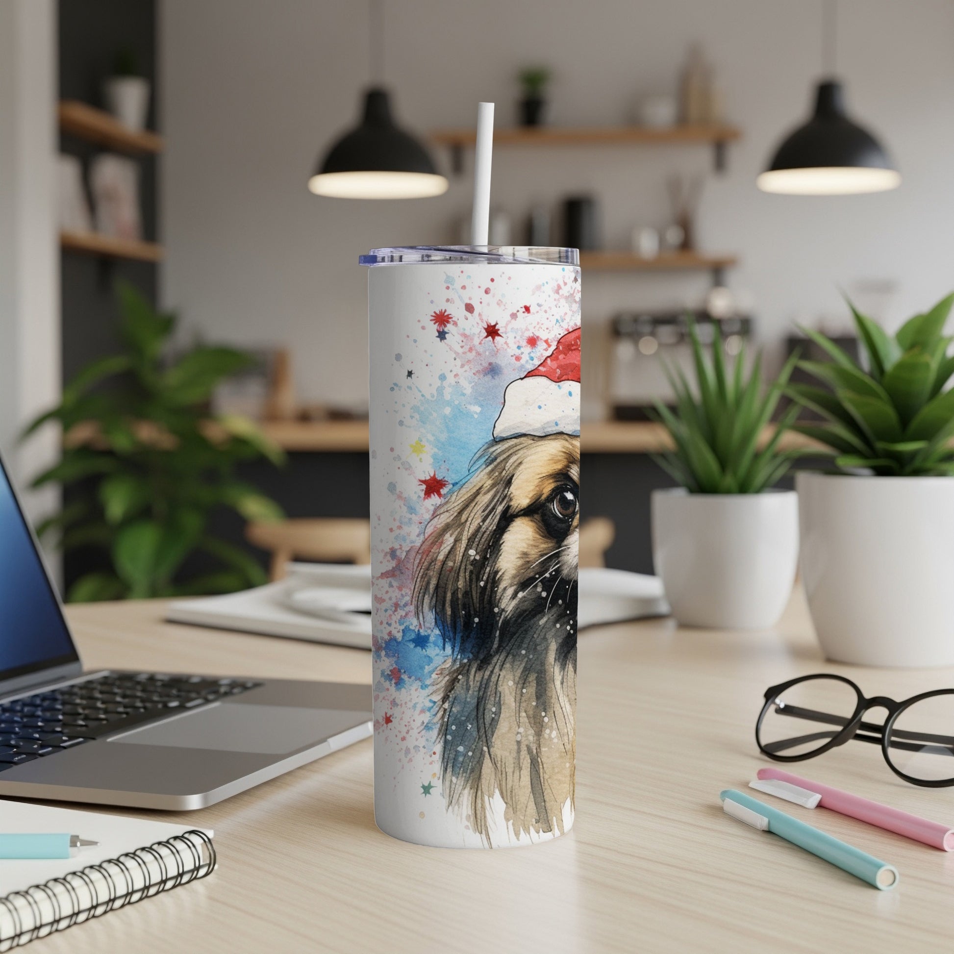 Watercolor Pekingese dog wearing a Santa hat on a skinny tumbler.