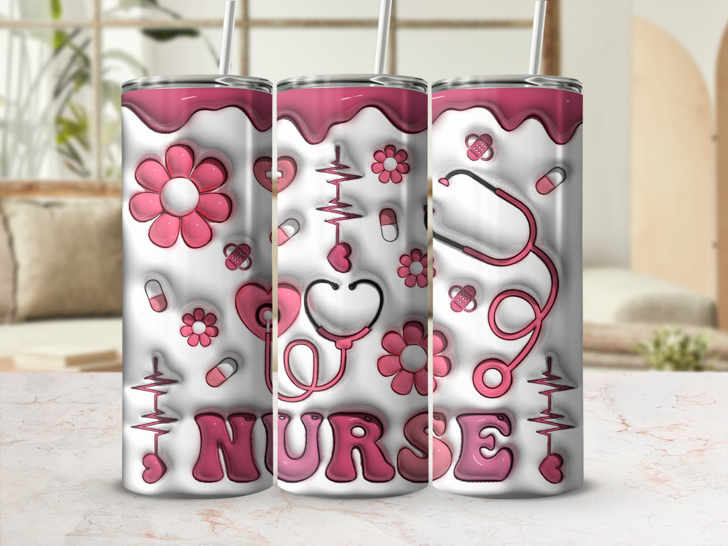 Pink floral and heart stethoscope design on a tumbler with the word NURSE.