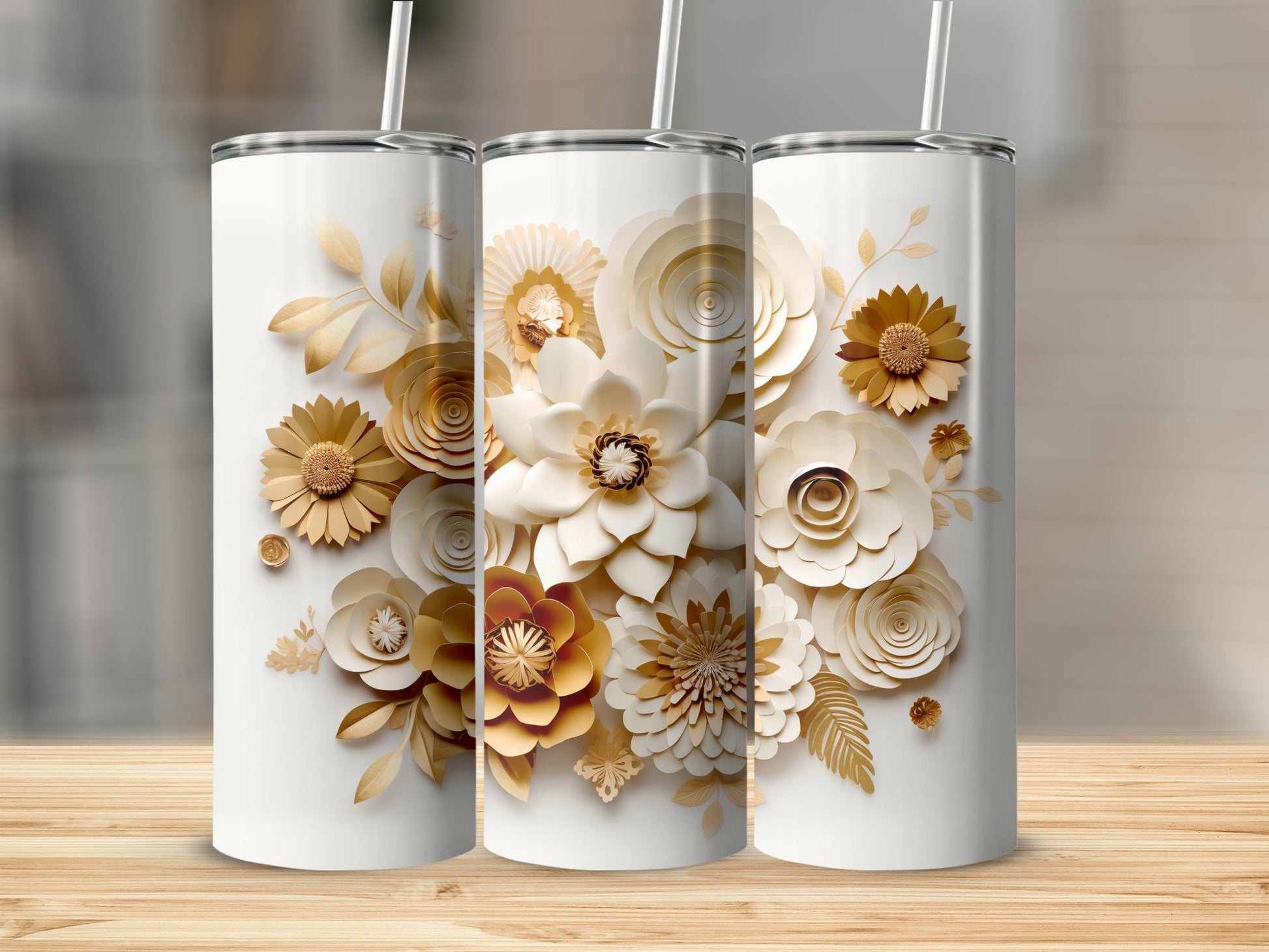 Elegant Gold and White Floral Pattern Tumbler