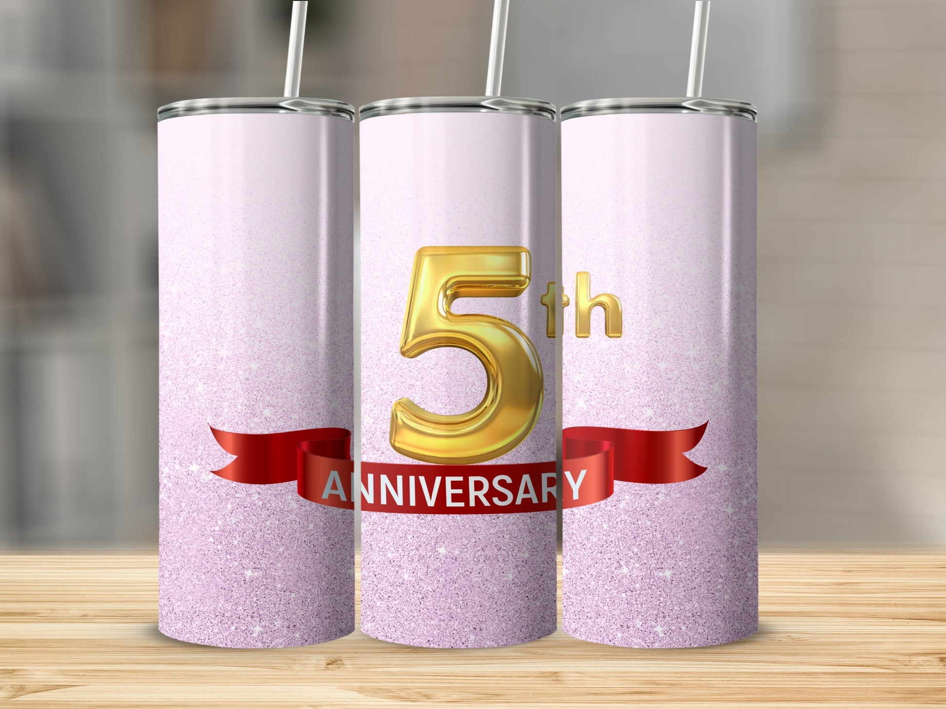 Three tumblers with glitter, a red ribbon, and "5th ANNIVERSARY" text.