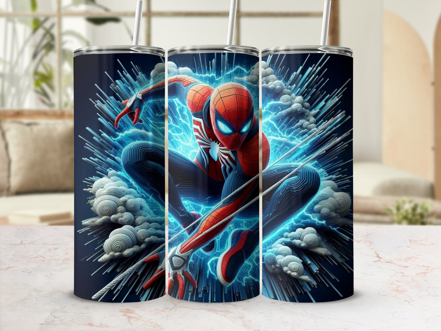 Spiderman in dynamic pose surrounded by blue lightning and smoke.