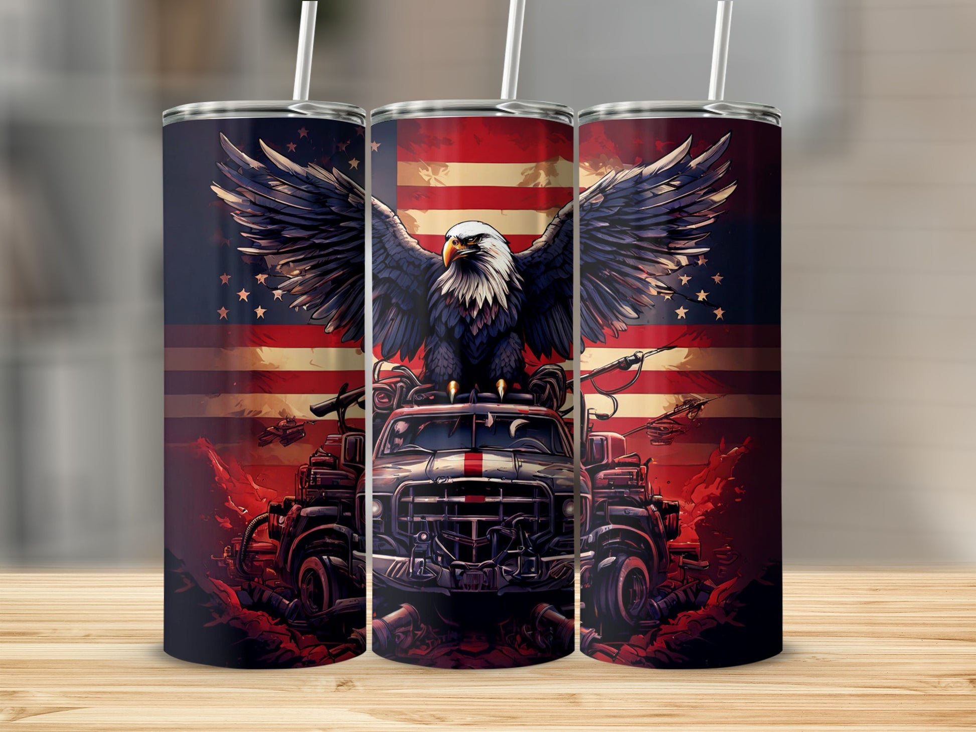Eagle perched on a red truck with American flag background.