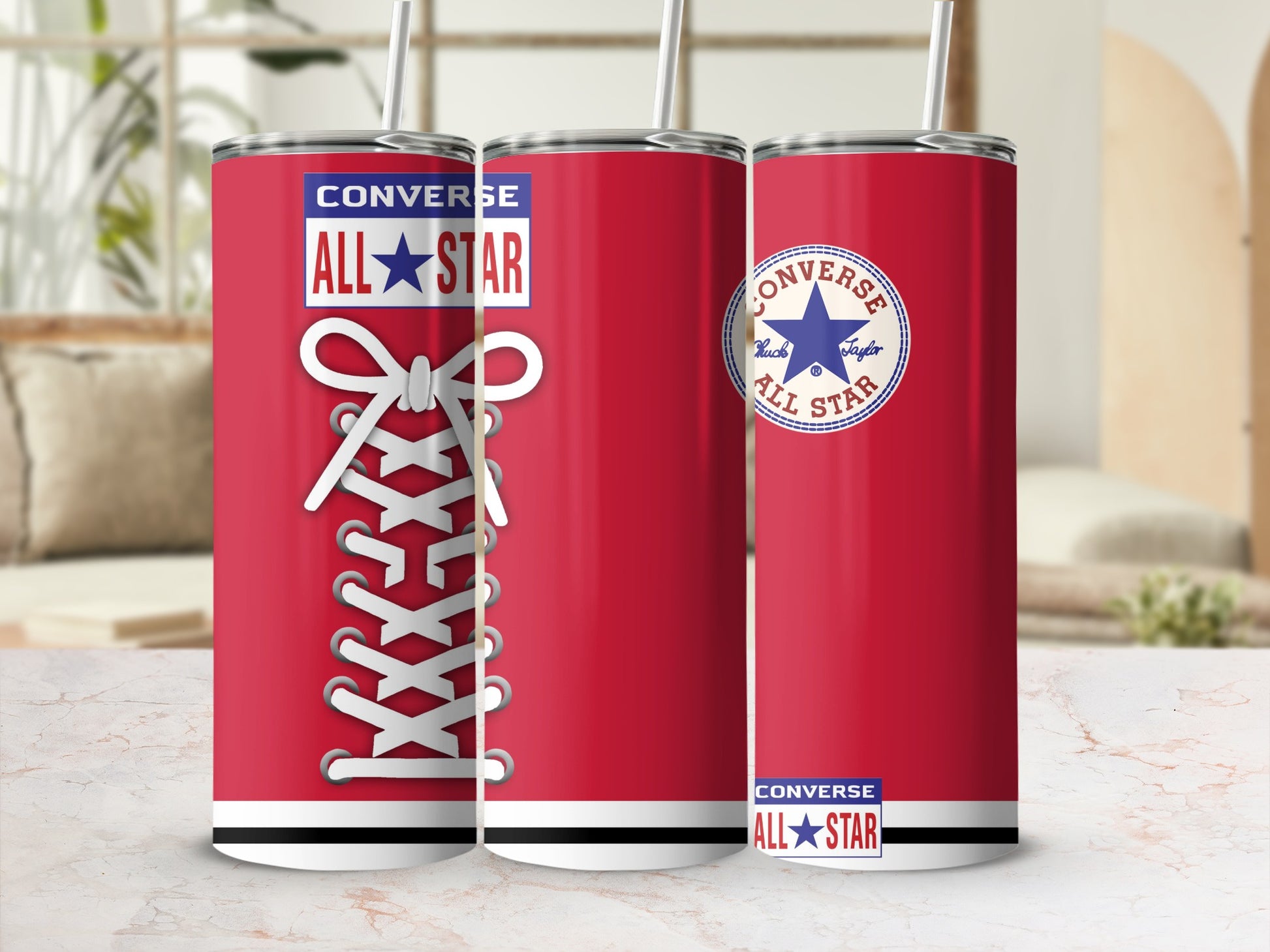 Red Converse All Star tumbler with white laces and logo.